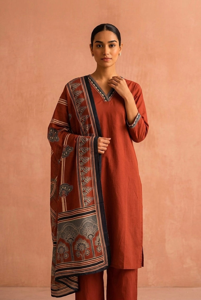 Rust Red Classic Cotton Suit Set | HER-682