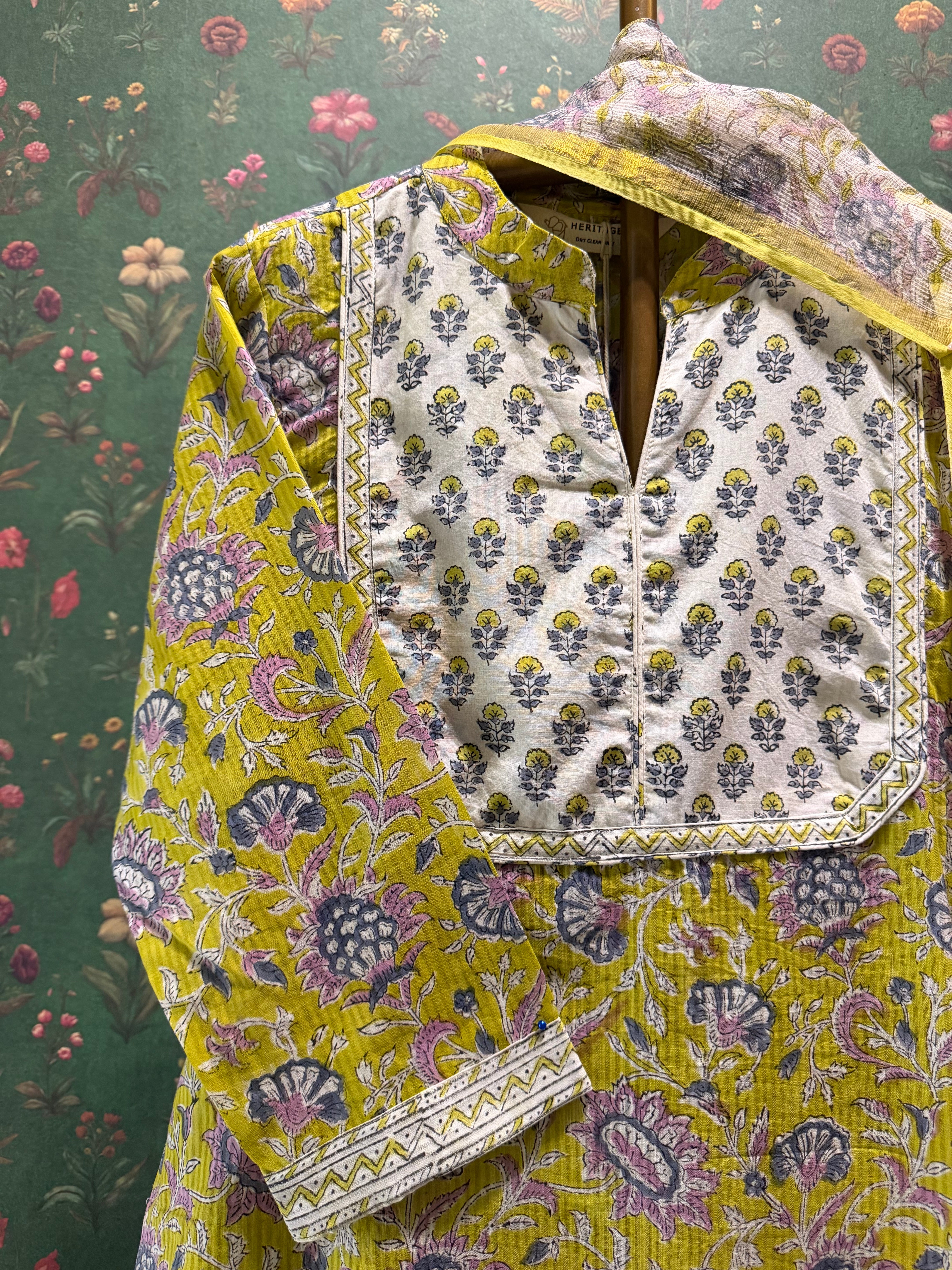 Lime Yellow Floral Printed Suit Set, with Kota Doria Dupatta | HER-752