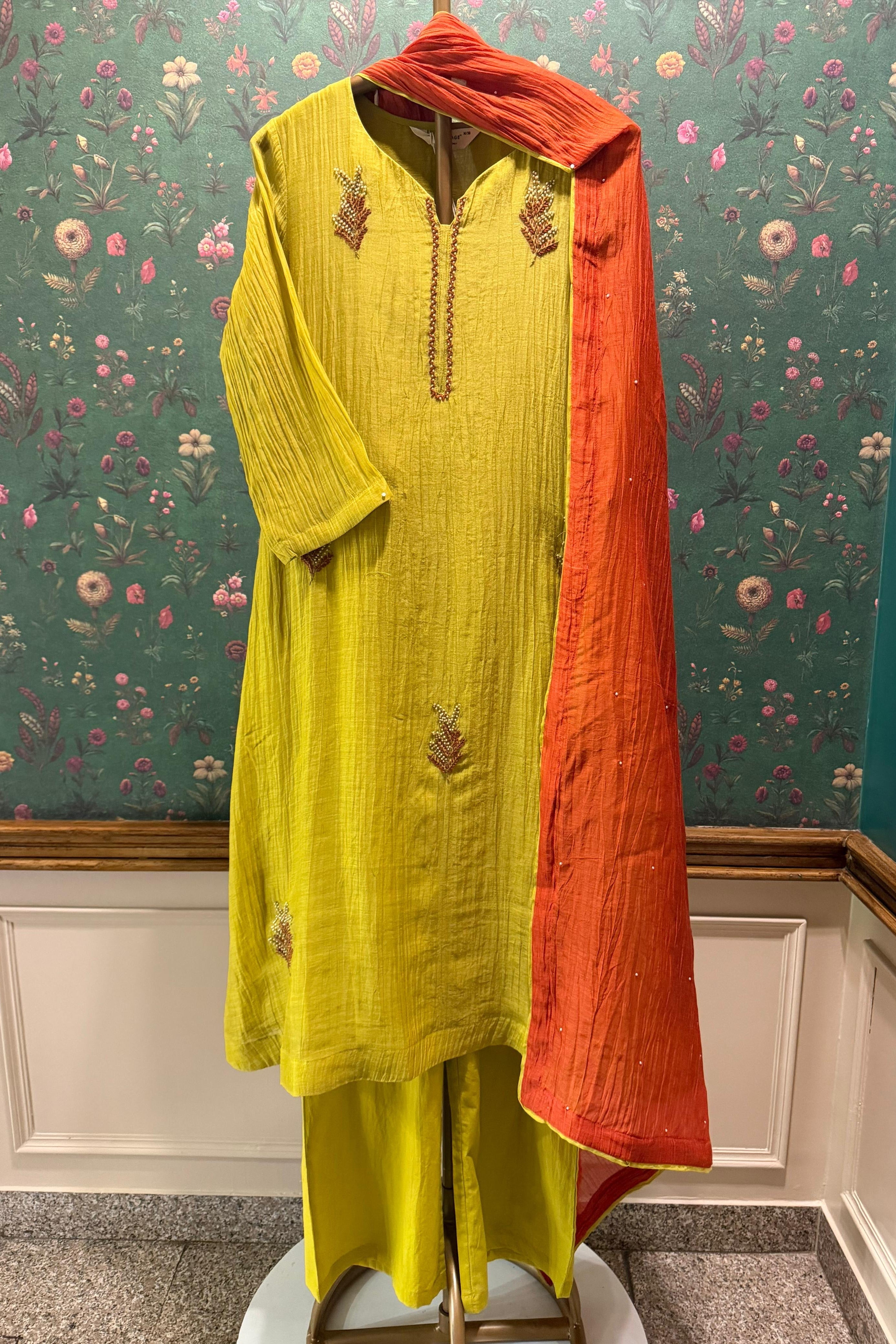 Vanyara Lime Green A-Line Mul Chanderi Suit Set | HER-625