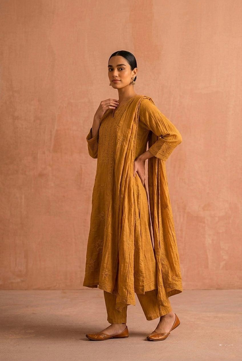 Ochre Yellow Chikankari A-Line Mul Chanderi Suit Set | HER-626