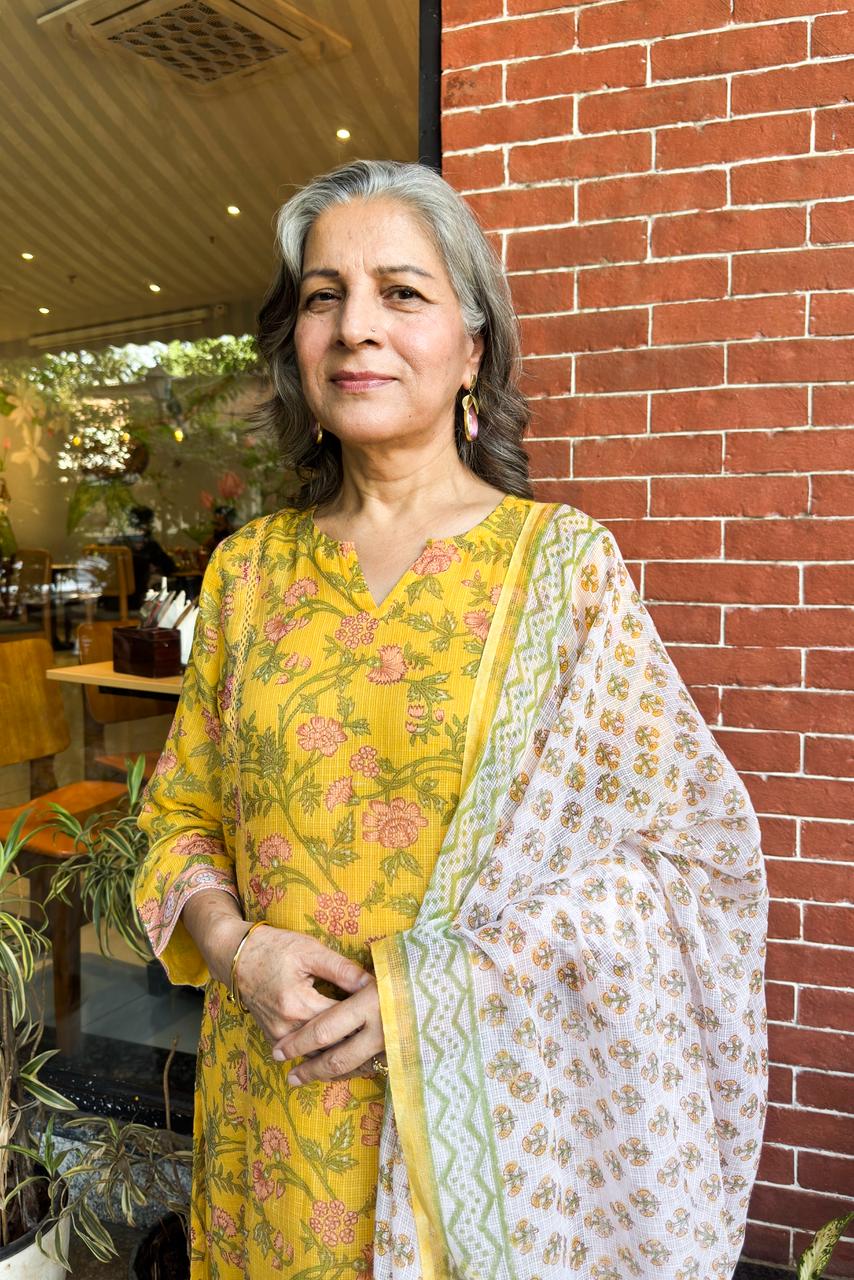 Yellow Floral Printed Suit Set, with Kota Doria Dupatta | HER-756