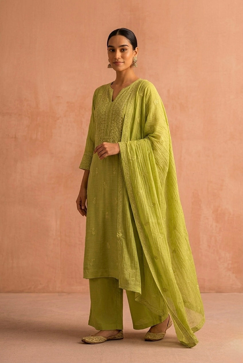 Pistachio Green Chikankari A-Line Suit Set | HER-627