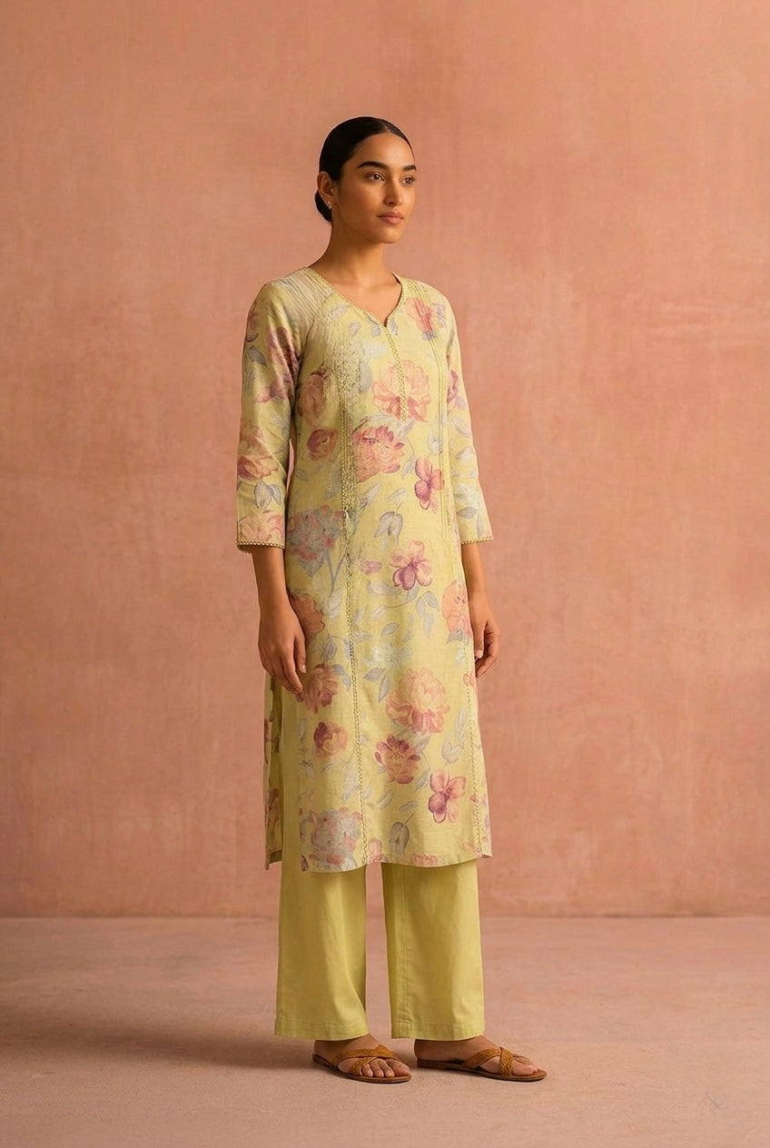 Pastel Lime Floral Printed Linen Cotton Suit Set | HER-768