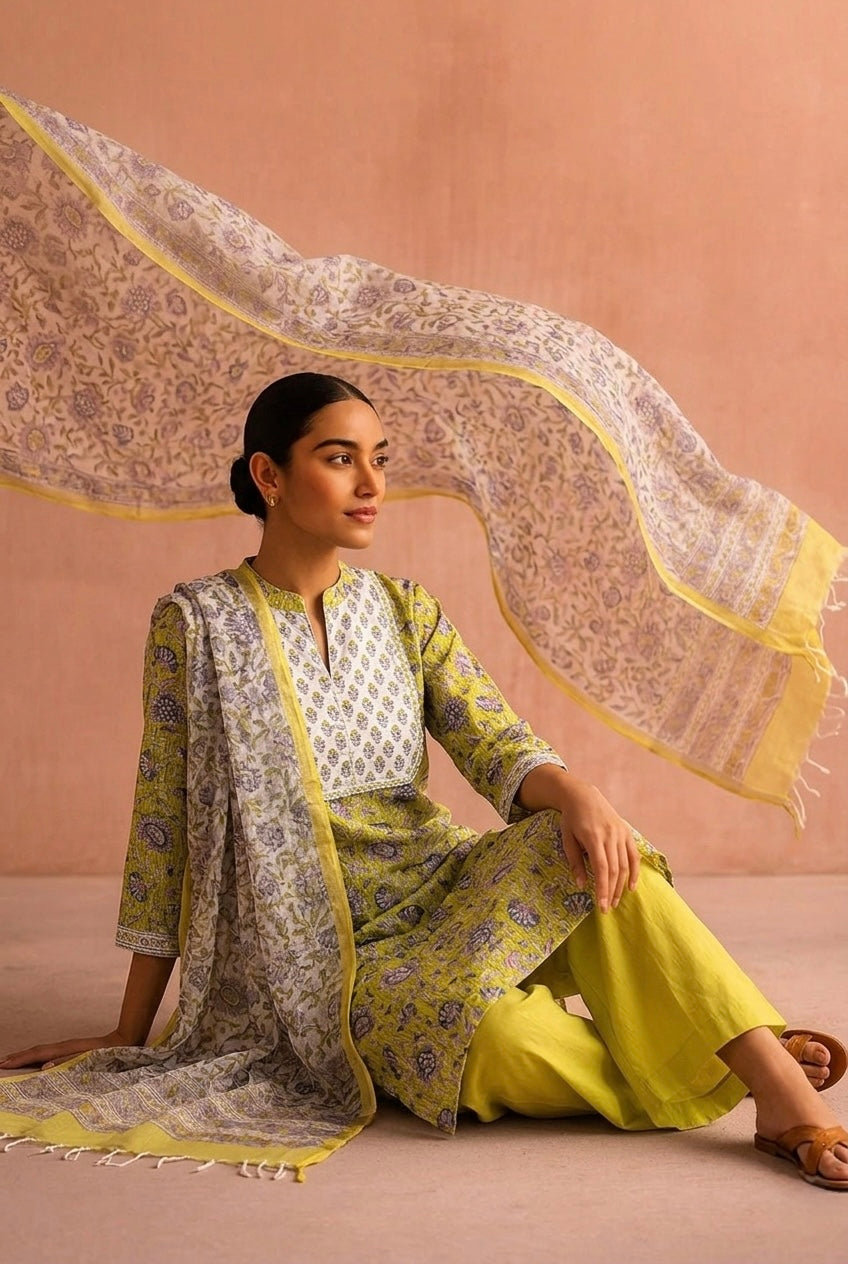 Lime Yellow Floral Printed Suit Set, with Kota Doria Dupatta | HER-752