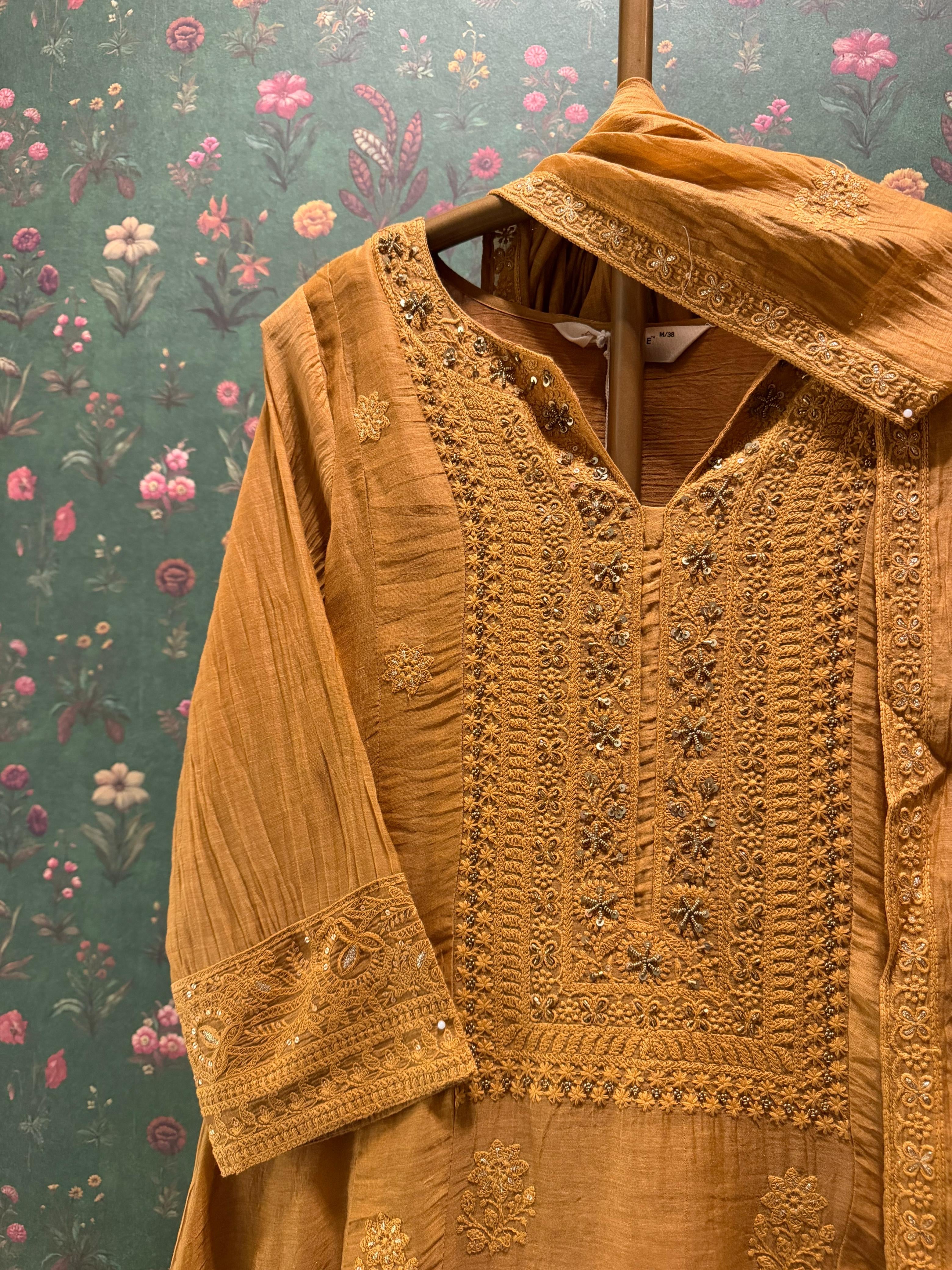 Ochre Yellow Chikankari A-Line Mul Chanderi Suit Set | HER-626