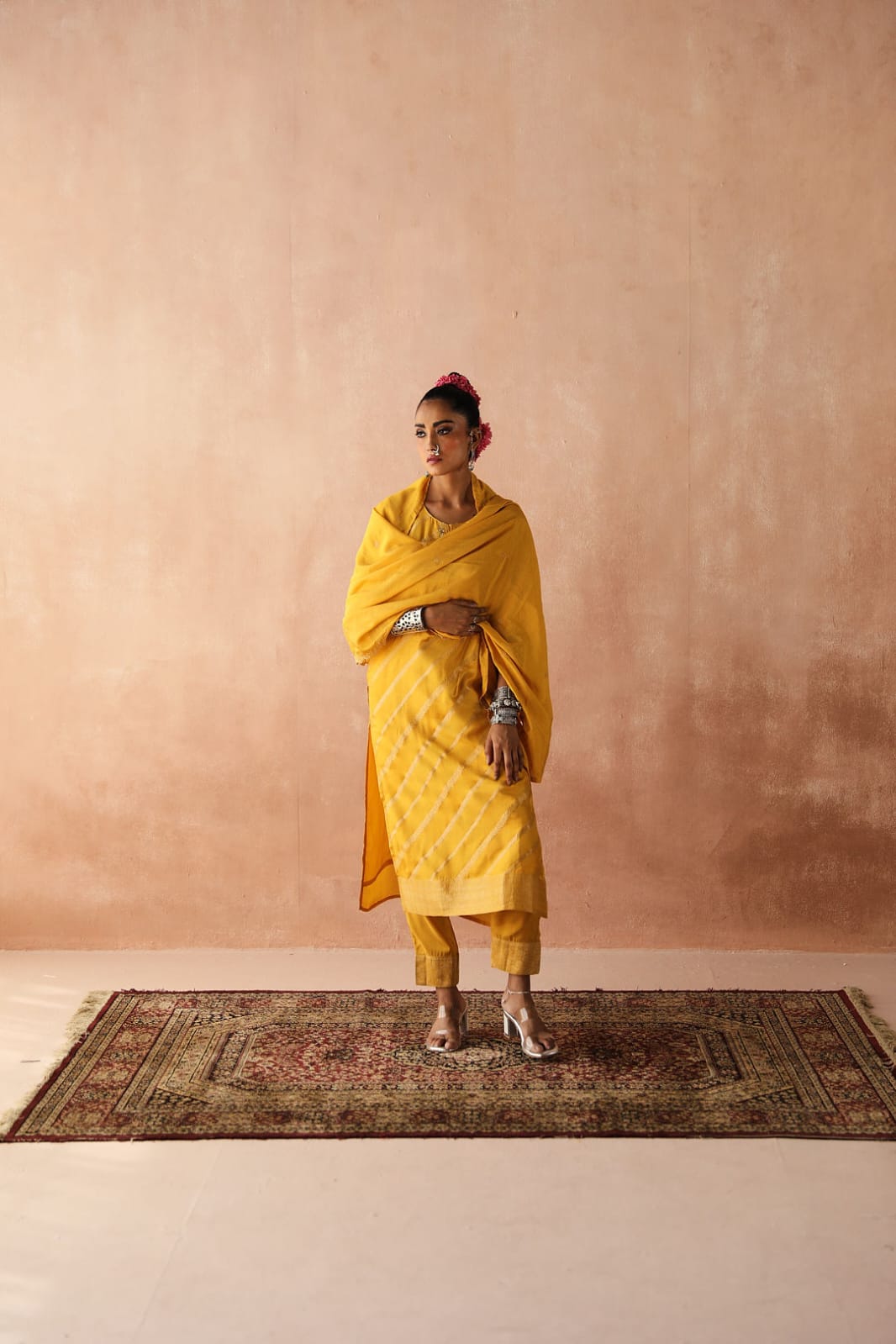 Yellow Zari Weaved Jacquard Suit Set