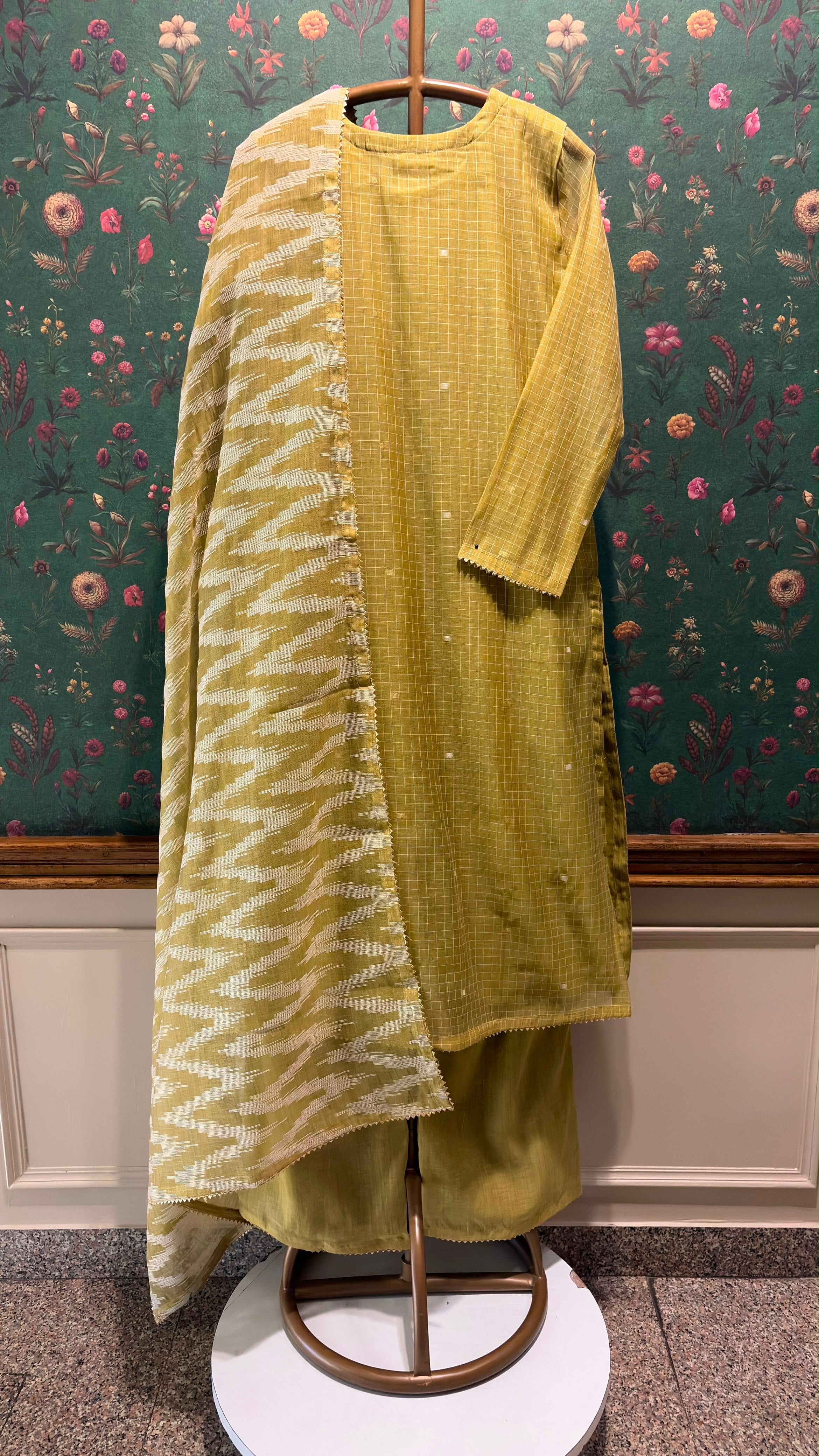Olive Mustard Handwoven Check Pure Chanderi Suit Set