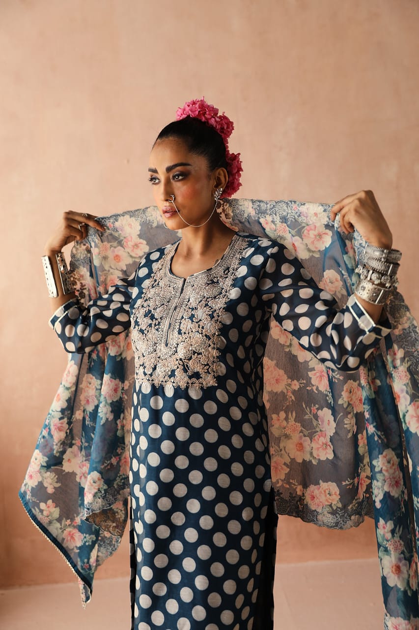 Blue Polka Chanderi Kurta Set | HER-253