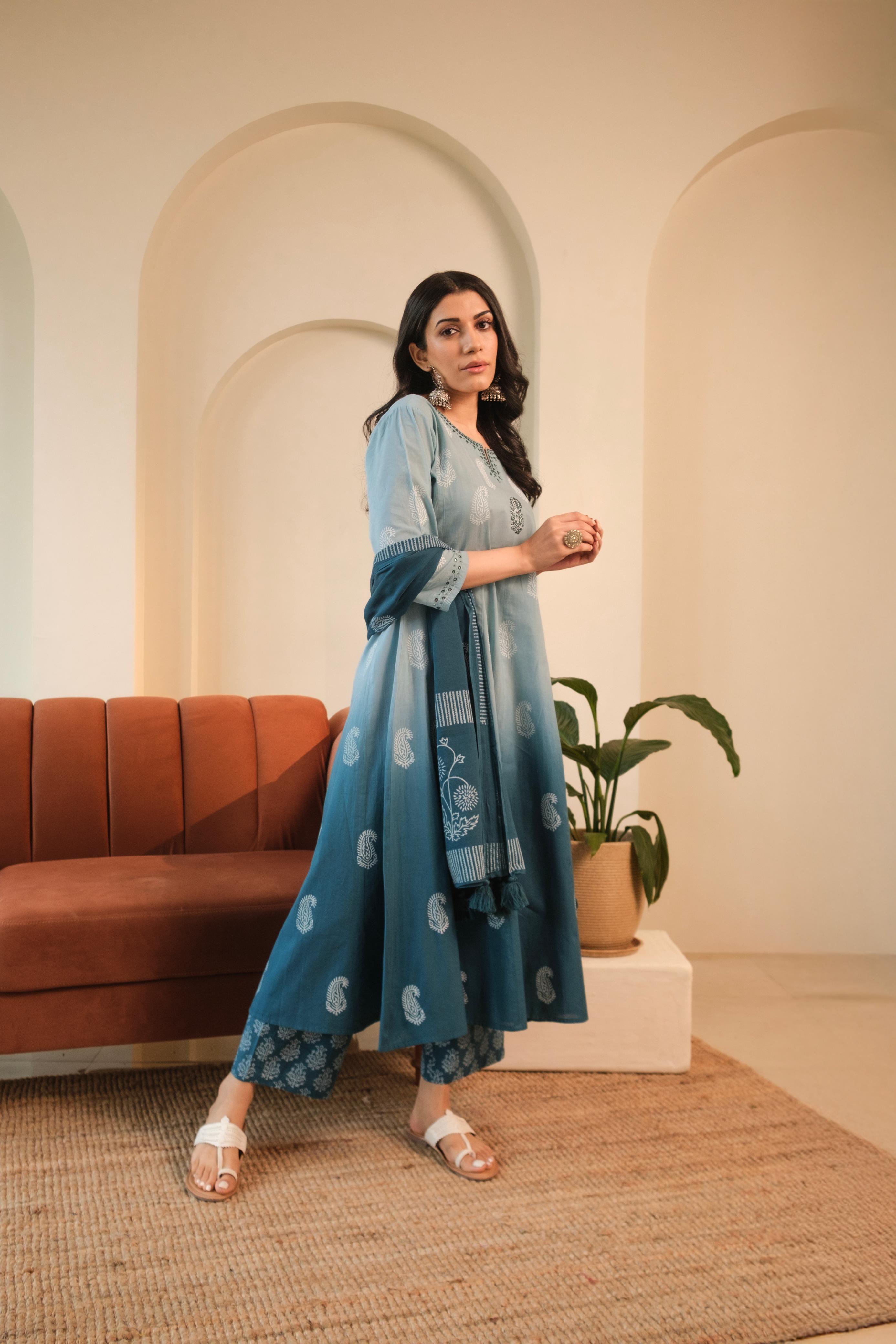 Ombré Blue A-Line Suit Set, with Palazzo Pants | HER-545