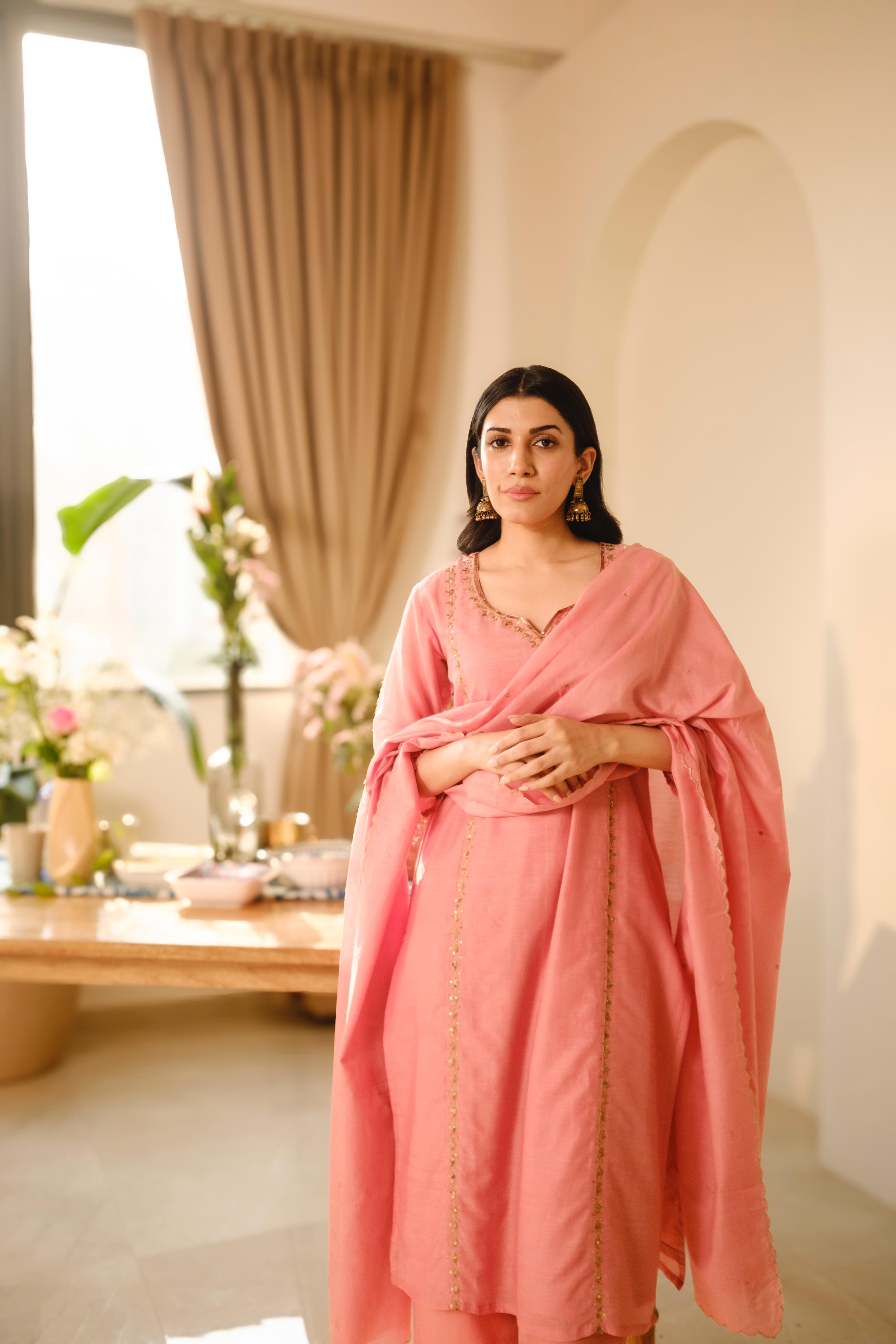 Khwabida Peach Mul Chanderi Suit Set | HER-542