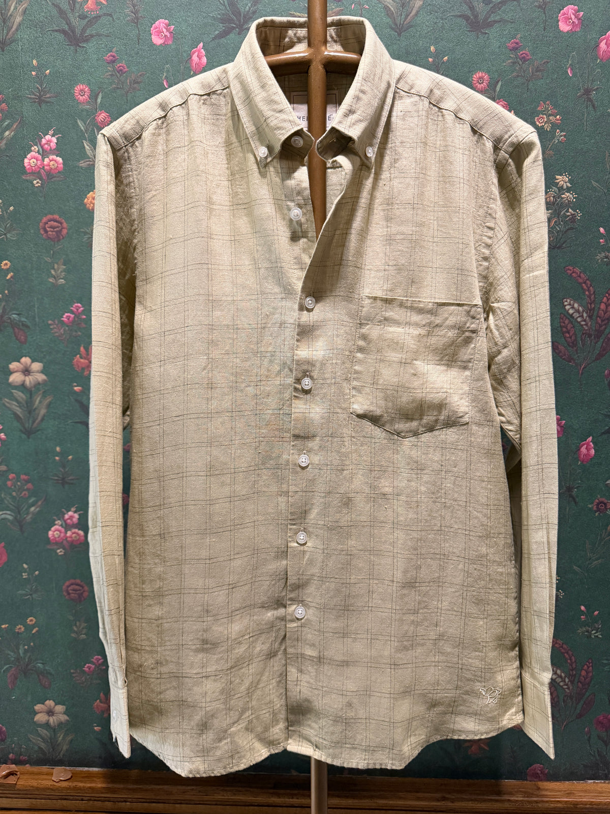 Men’s Sand Beige Windowpane Check Pure Linen Full Sleeves Shirt