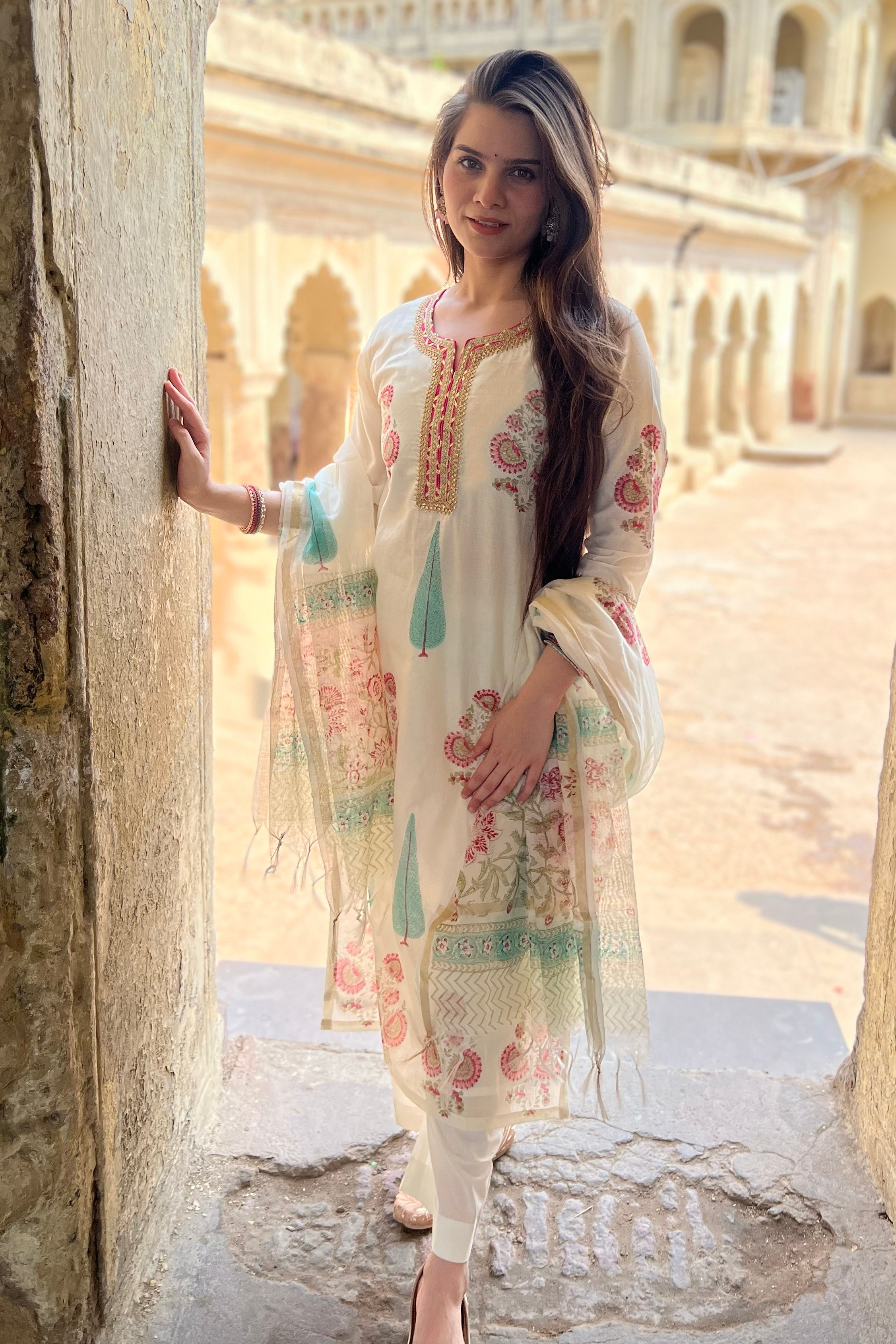 Ivory White Floral Printed Chanderi Suit Set | HER-757