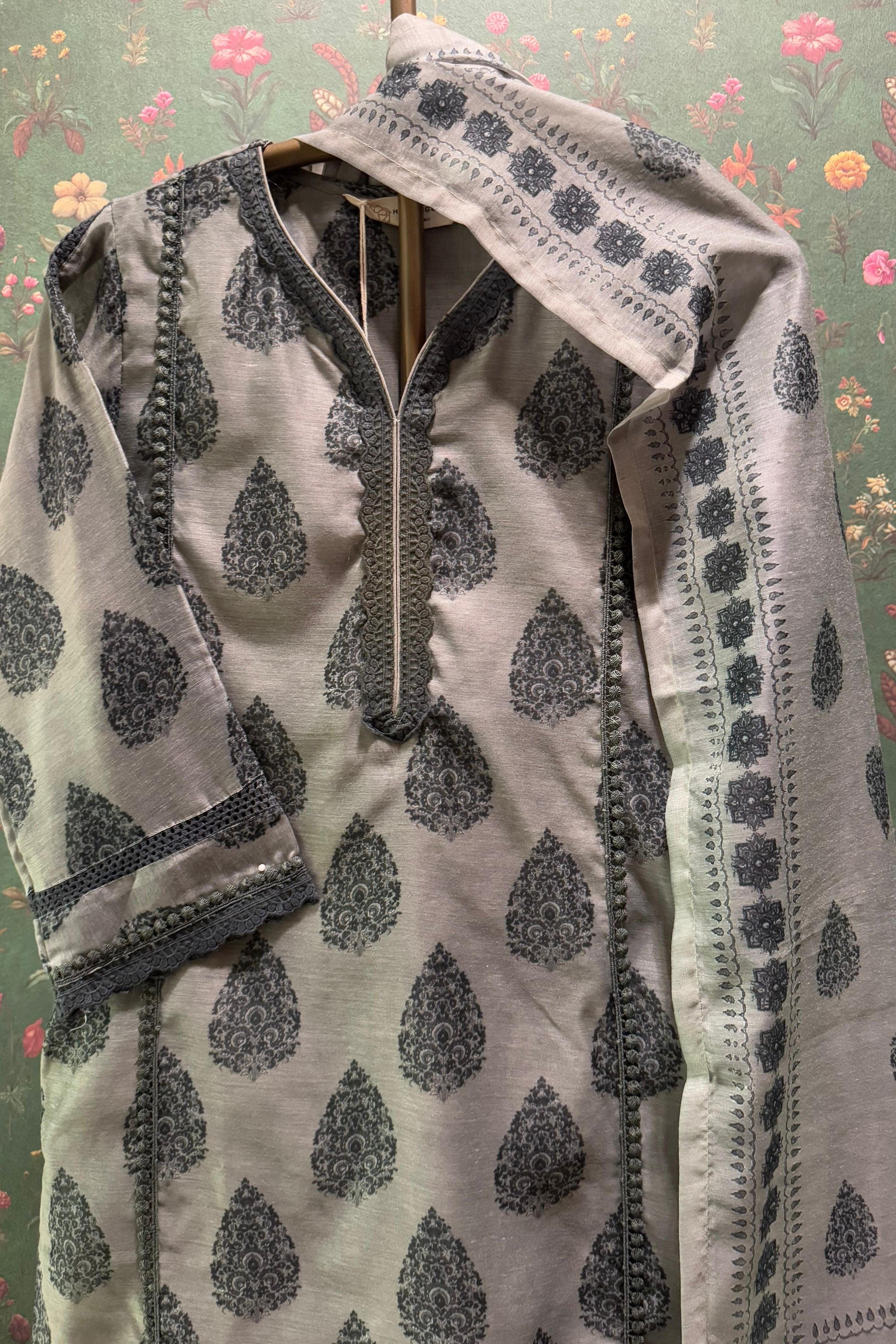 Tehzeeb Charcoal Sage Green Chanderi Suit Set | HER-411