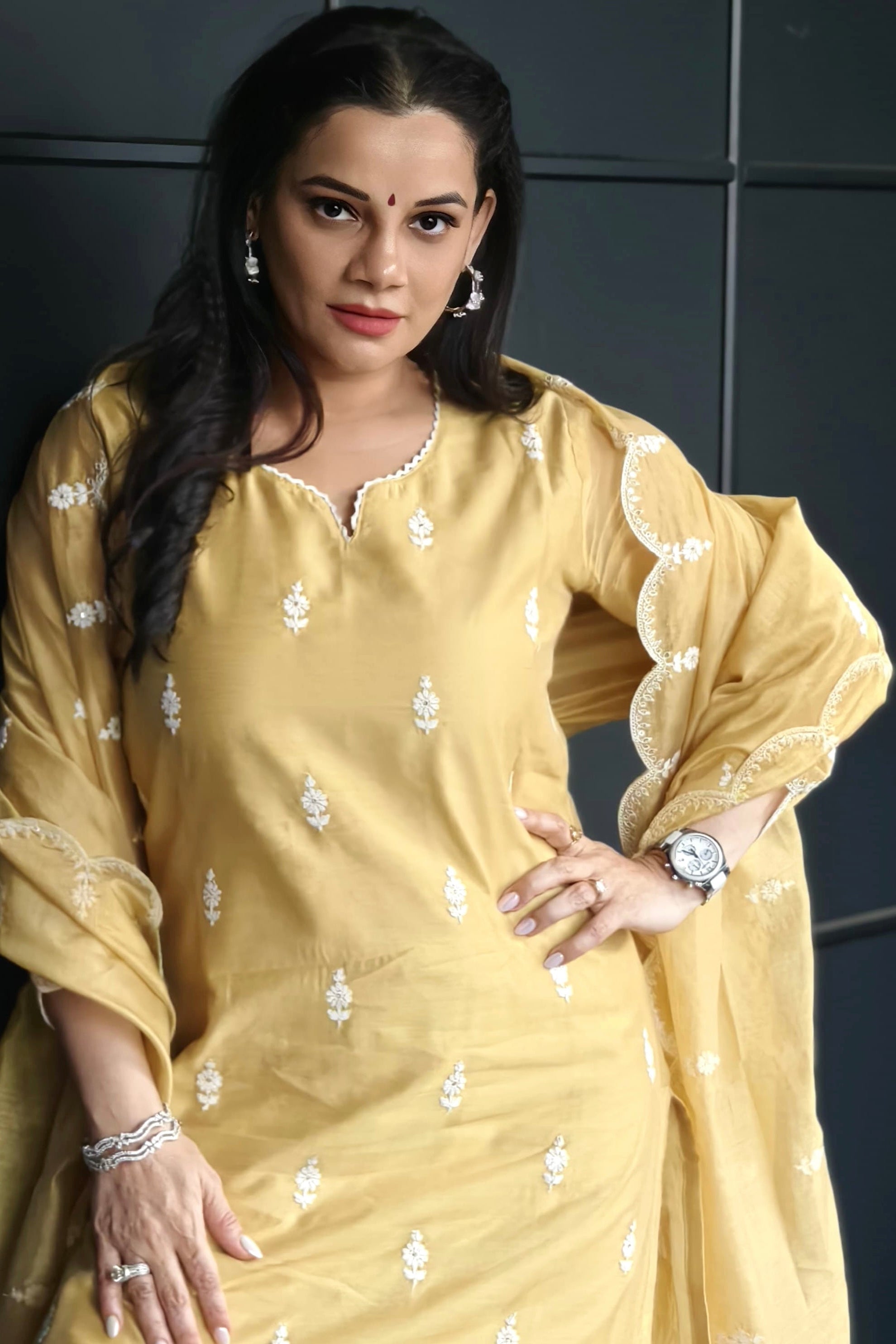 Mustard Yellow Hand-Embroidered Chanderi Suit Set | HER-406