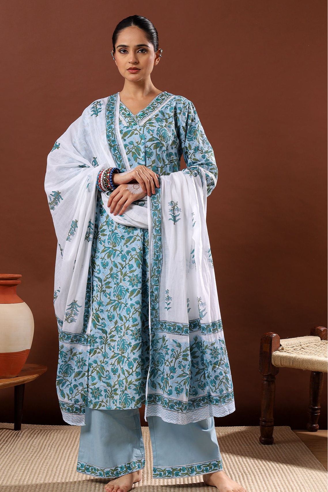 Nilofer Charm Sky Blue Cotton Suit Set