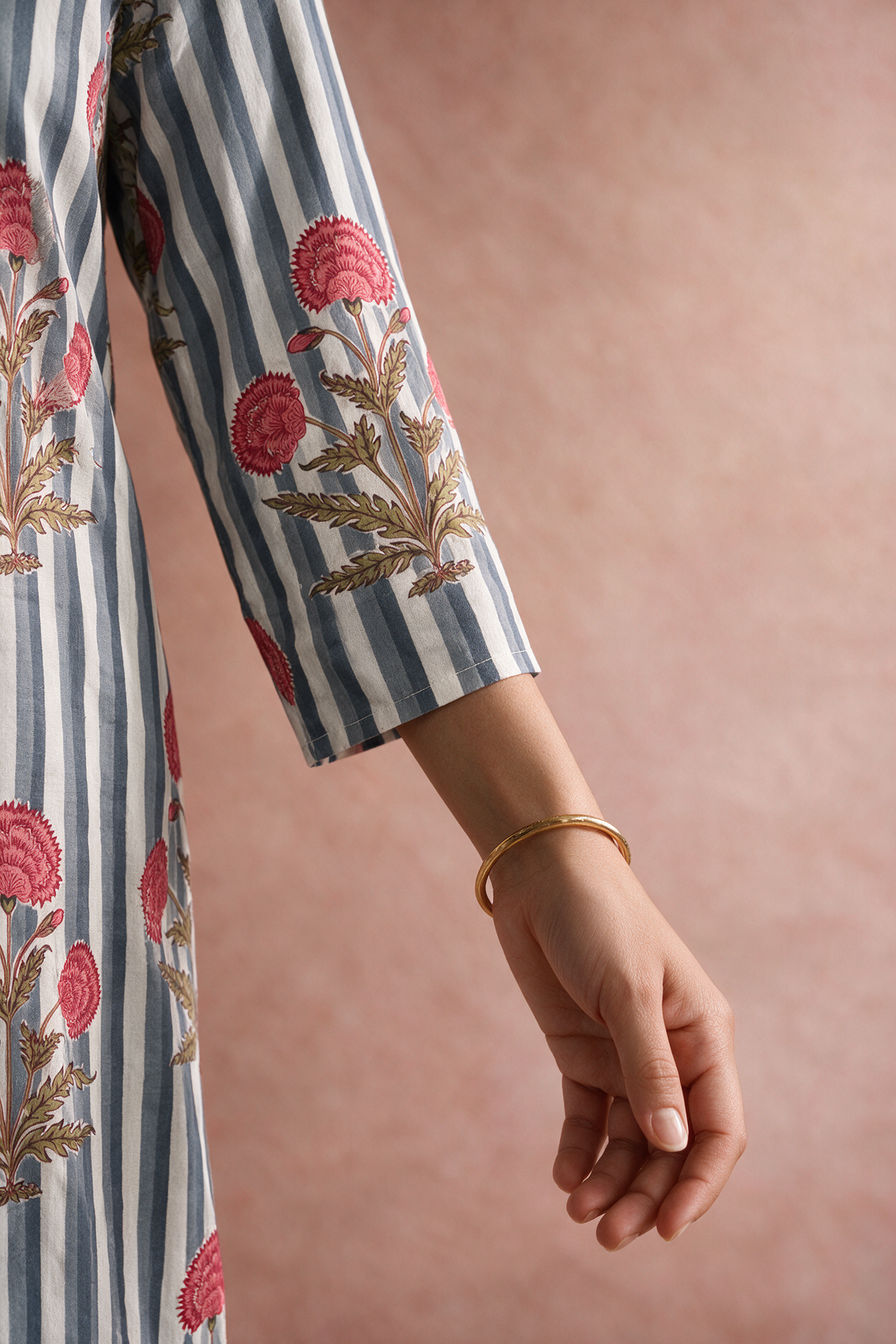 Blue Stripe Floral Cotton Kurta Set