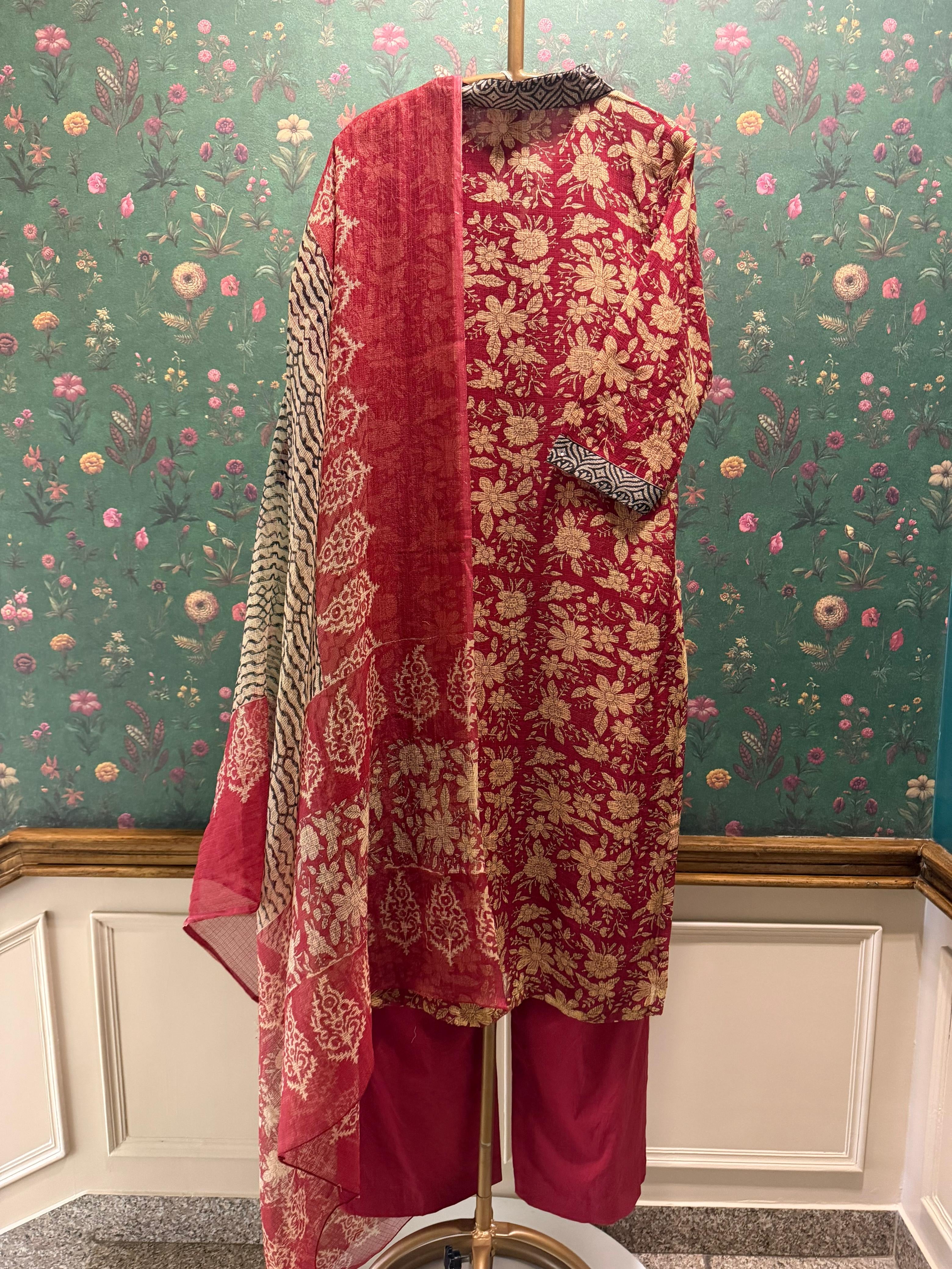 Crimson Red Floral Printed Kota Doria Suit Set, with Kota Doria Dupatta | HER-755