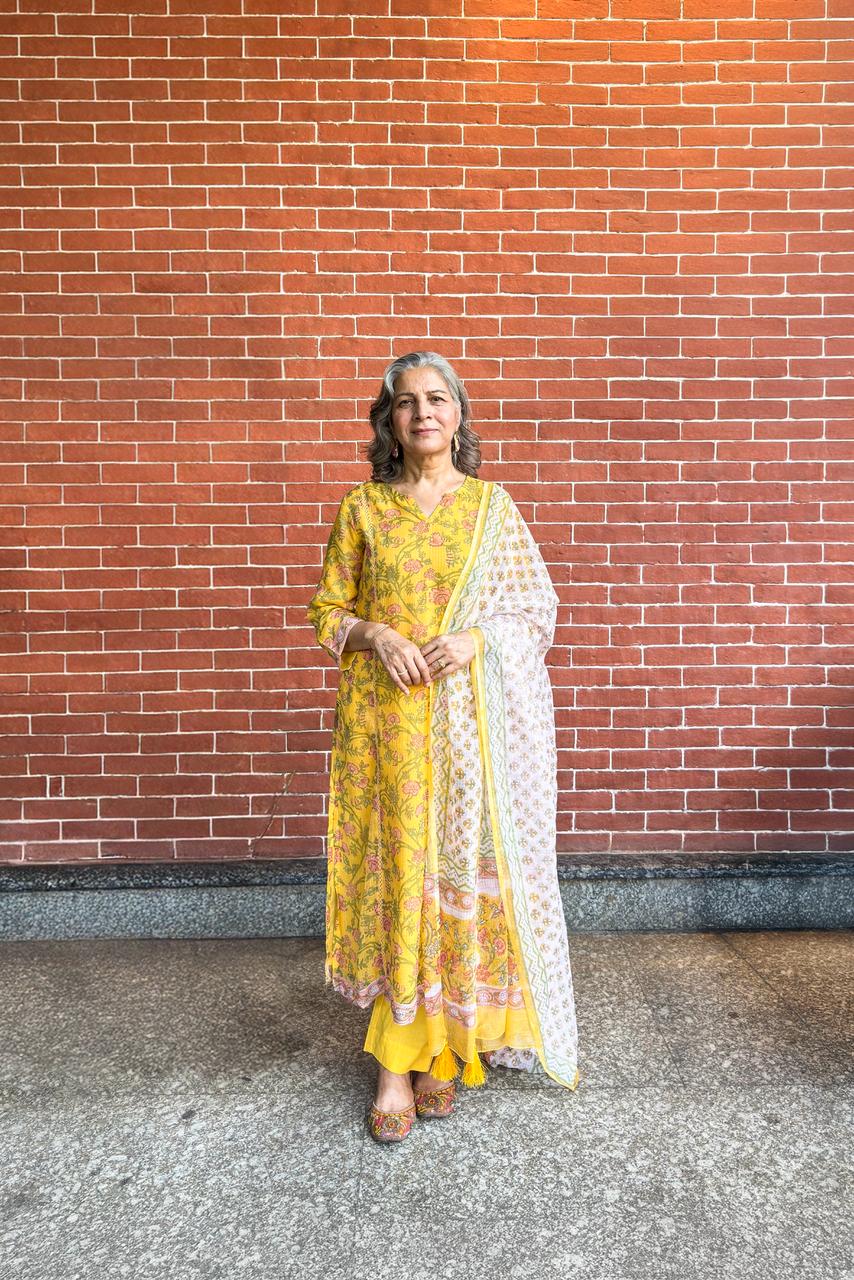 Yellow Floral Printed Suit Set, with Kota Doria Dupatta | HER-756