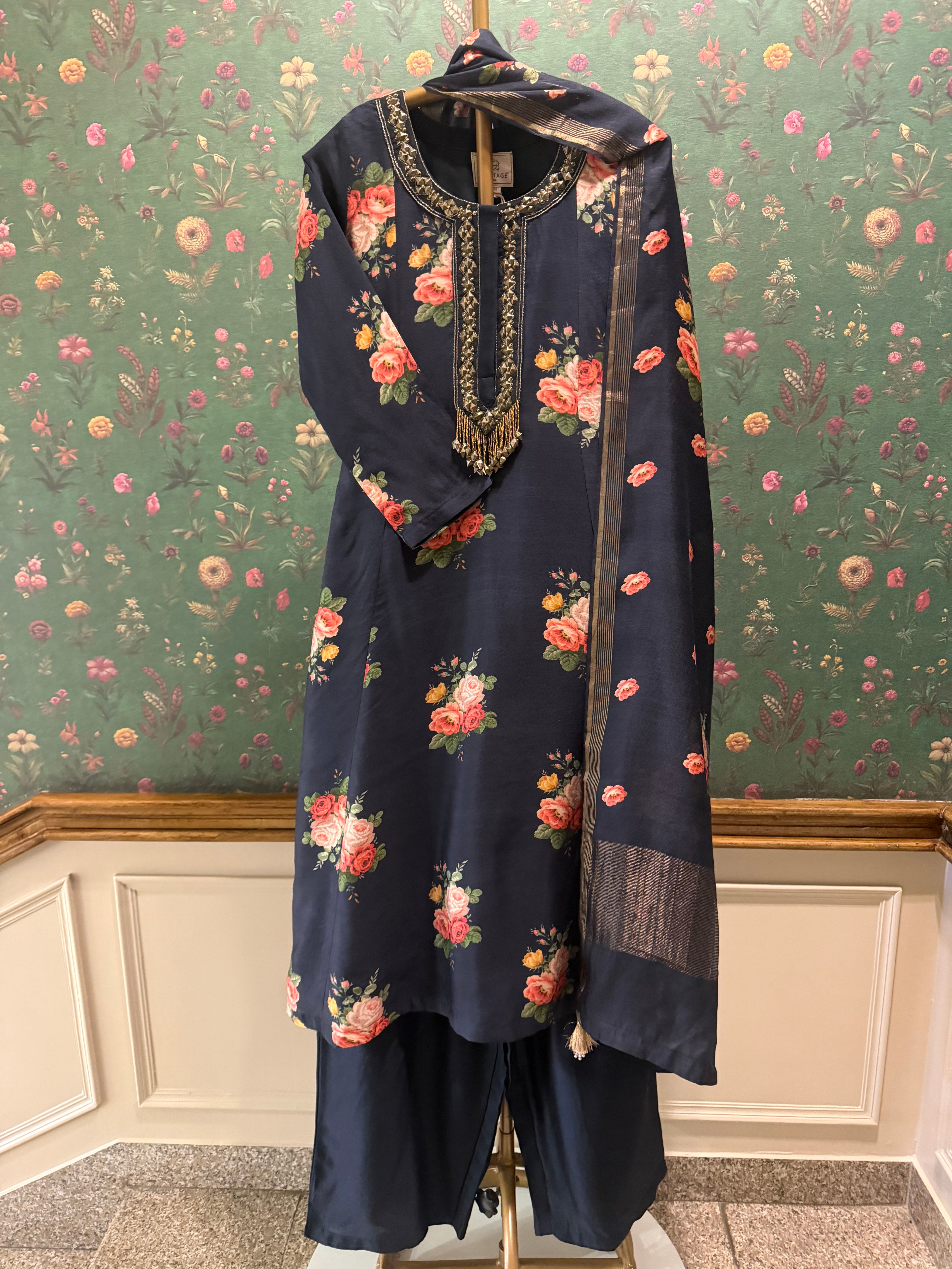 Twilight Black Floral Chanderi A-Line Suit Set x Celina | HER-607