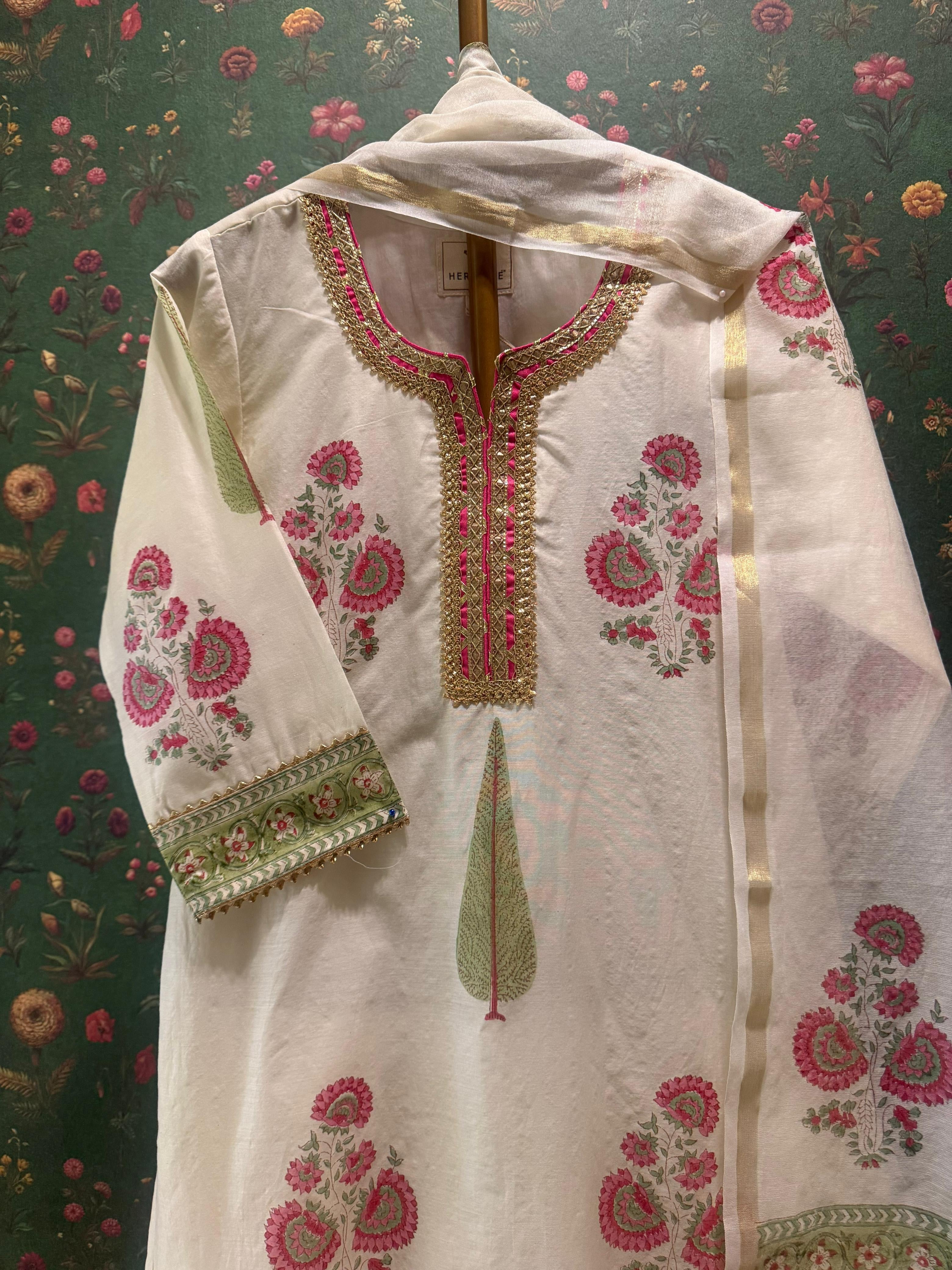 Ivory White Floral Printed Chanderi Suit Set | HER-758