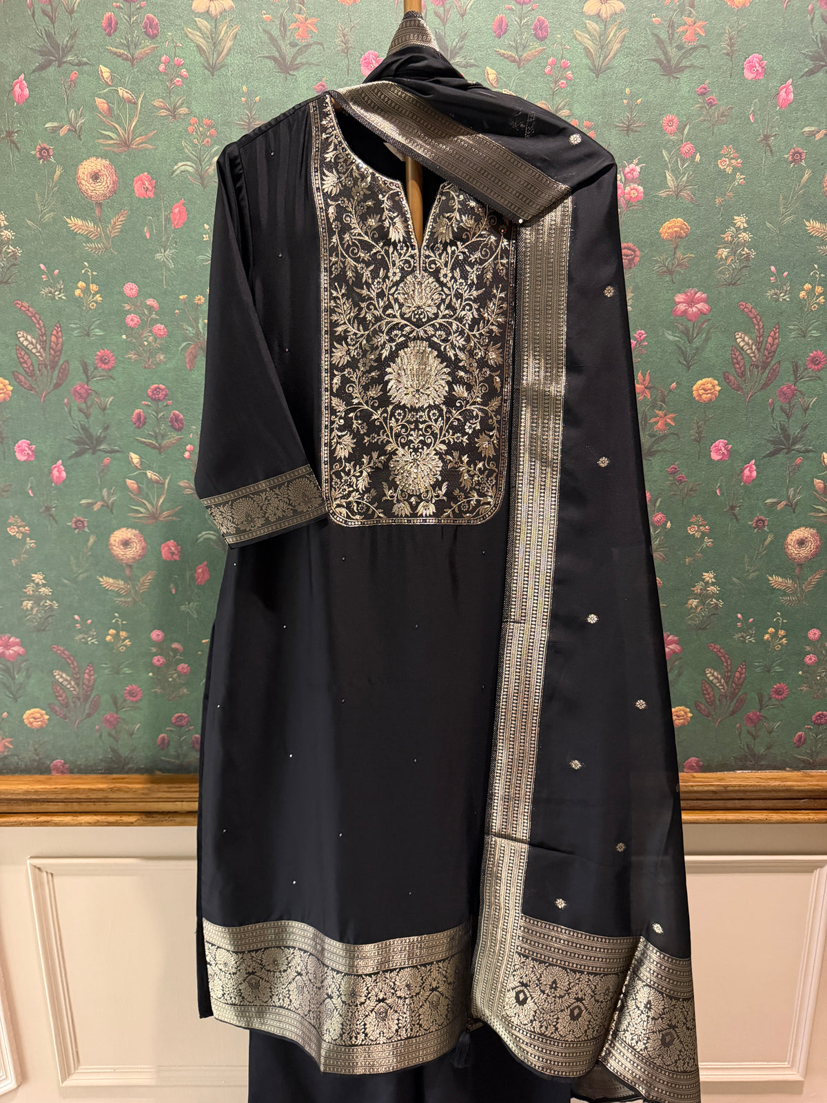 Black Dola Silk Zari Embroidered Suit Set