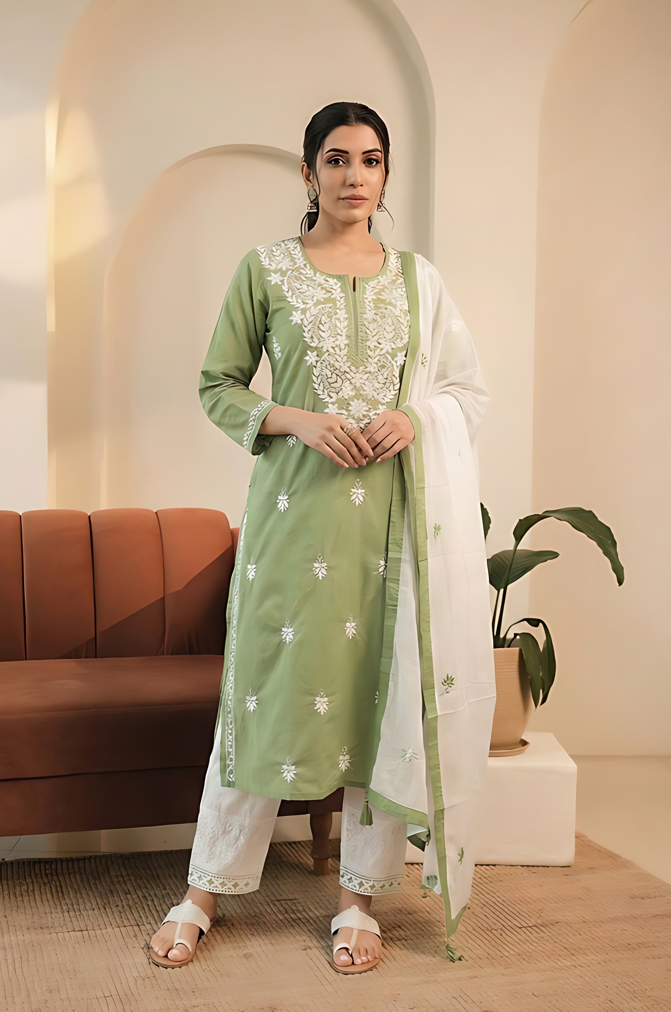 Green Cotton Chikankari Suit Set | HER-531