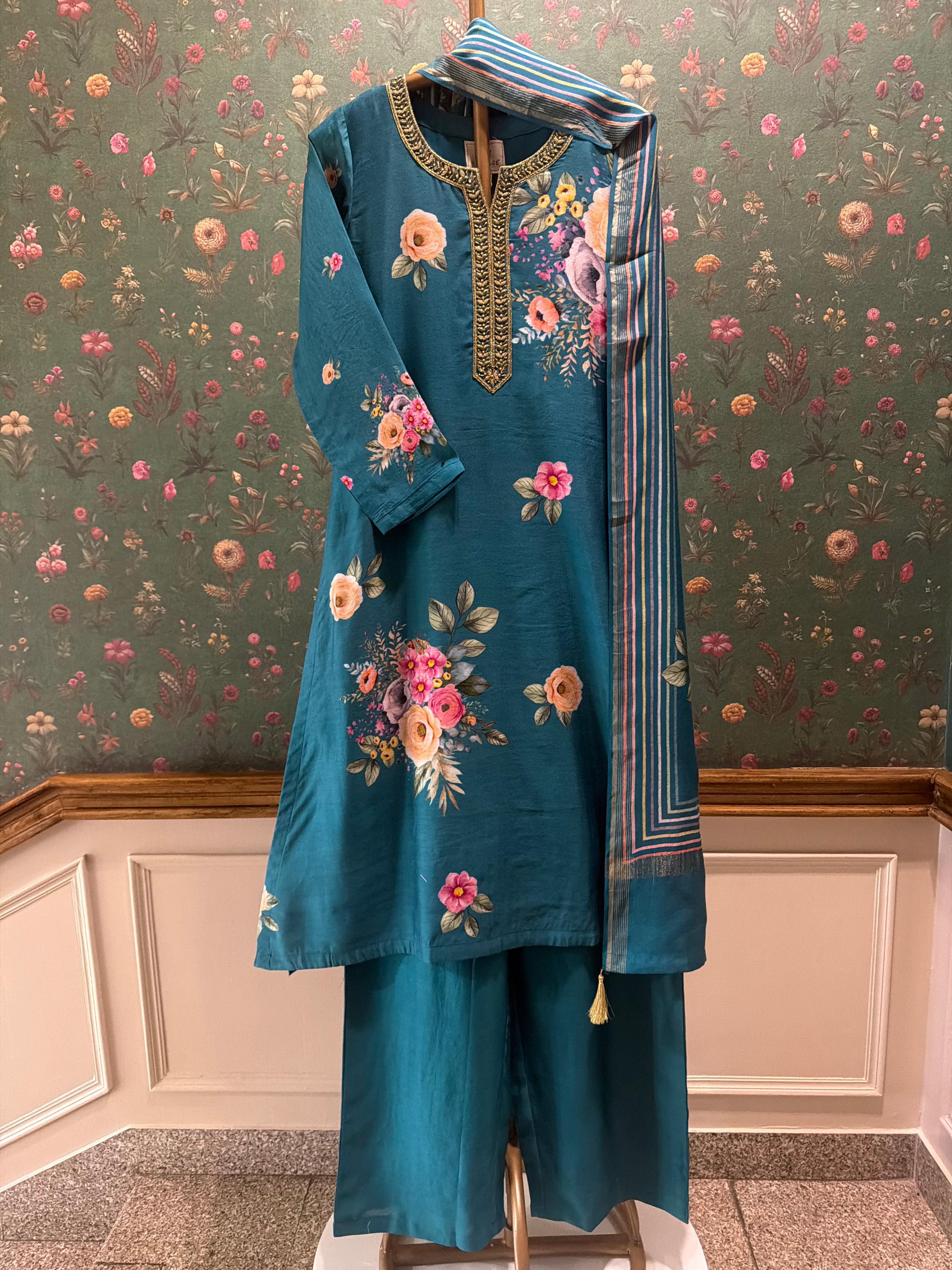 Emerald Teal Blue Floral Chanderi Suit Set x Celina | HER-606