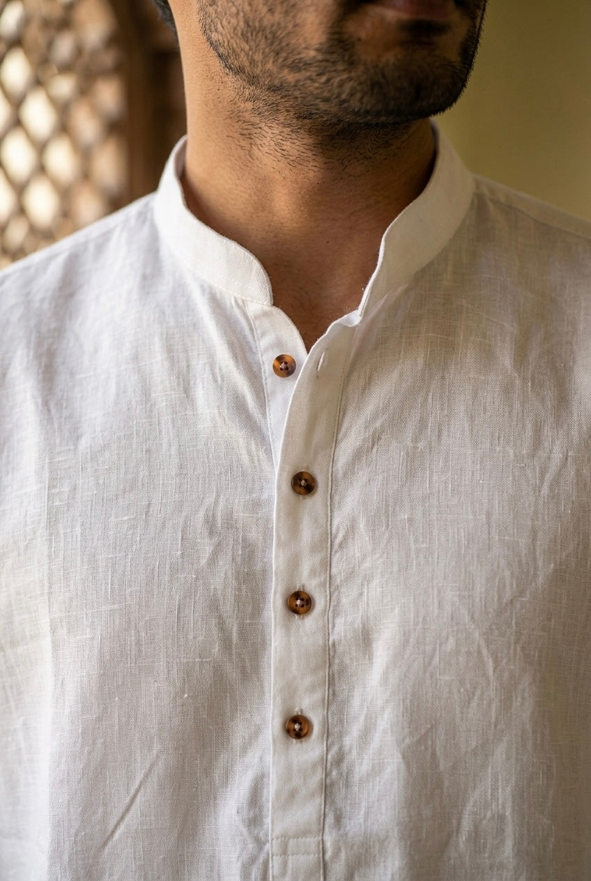 Men’s Pure Linen Kurta Pajama Set – Ivory White