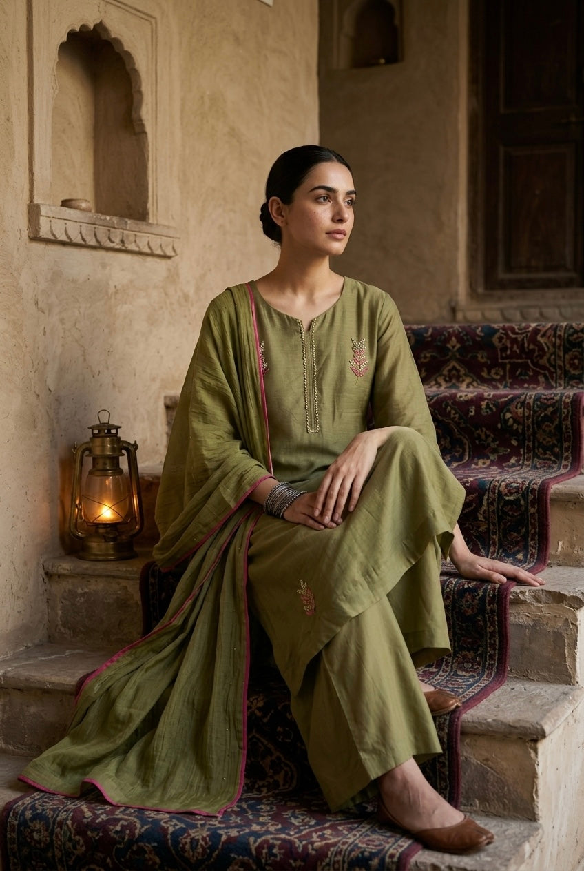 Olive Green Embellished Mul Chanderi A-Line Suit Set