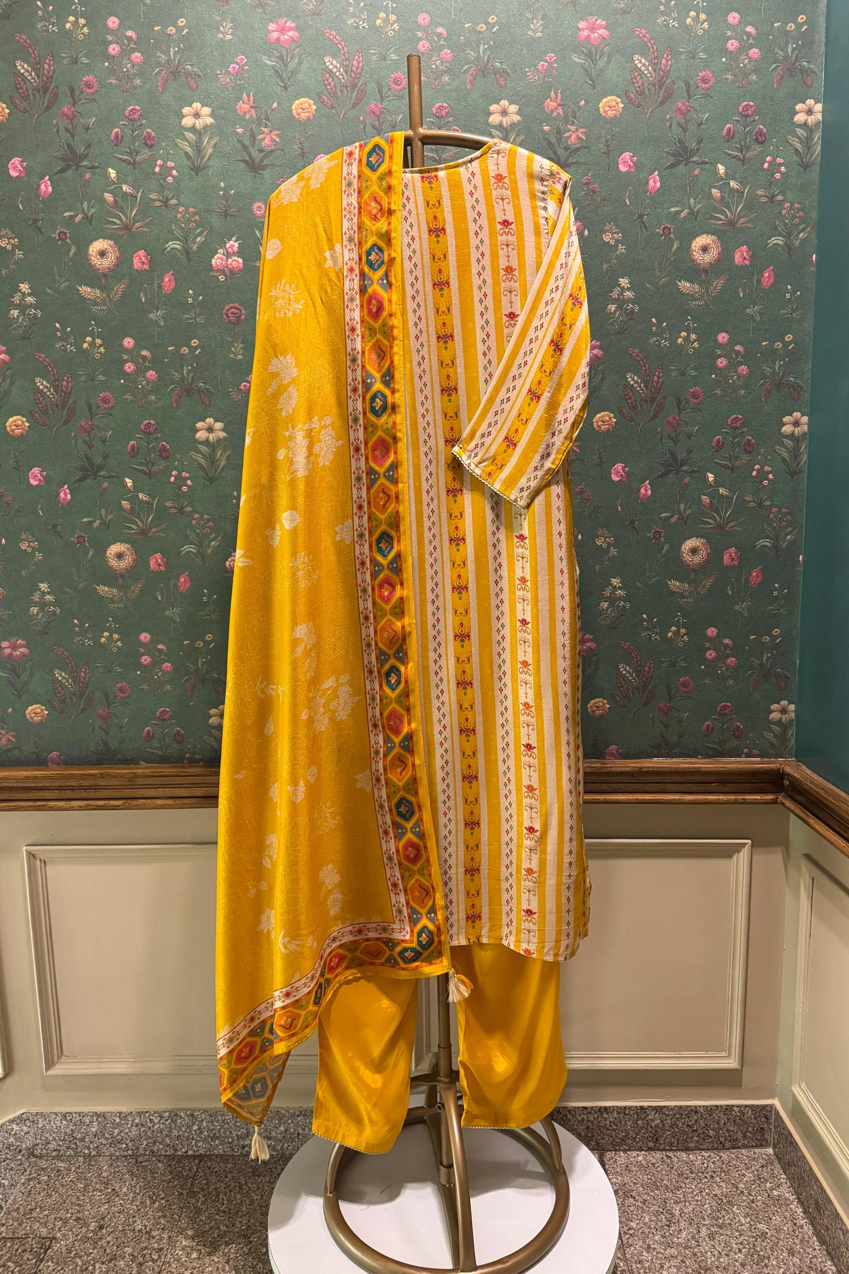 Rangriti Yellow Dola Jacquard Suit Set | HER-549
