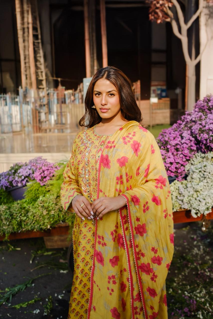 Sunshine Yellow Floral Chanderi Silk Suit Set | HER-636