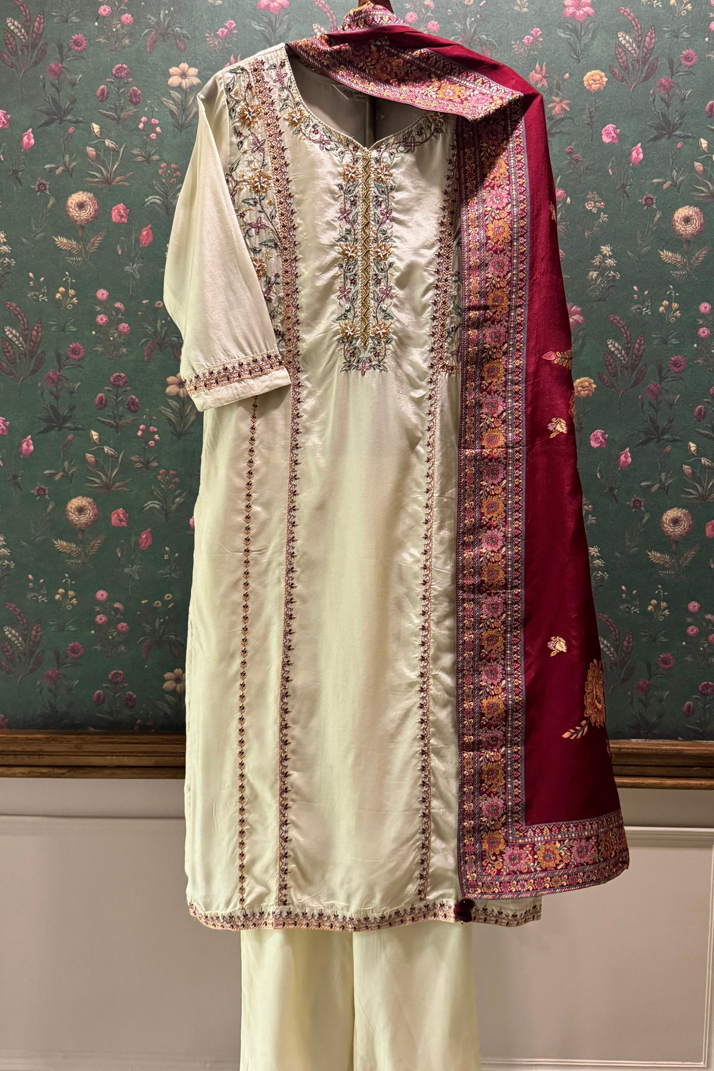 Arzoo Ivory Chanderi Embroidered Suit Set with Maroon Banarasi Dupatta | HER-551