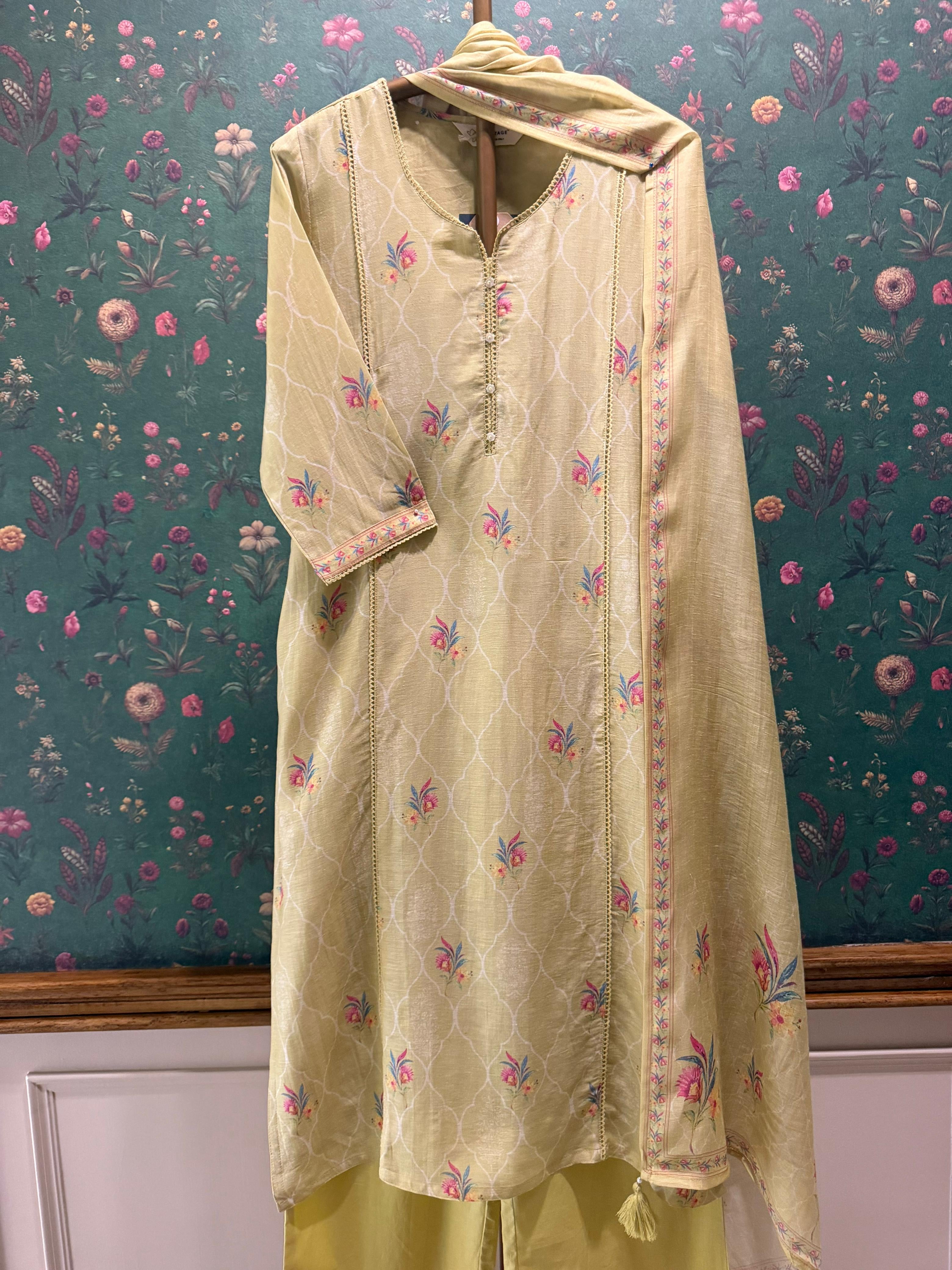 Lime Green Printed Cotton Linen Suit Set | HER-769