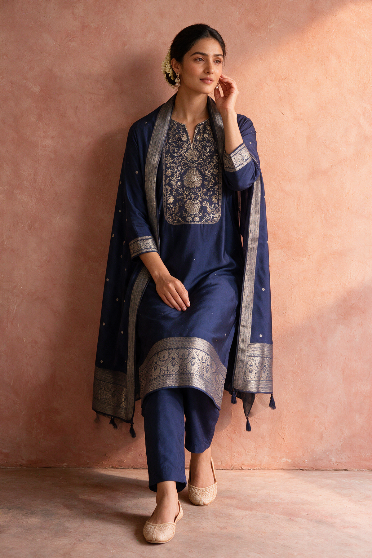 Midnight Blue Dola Silk Zari Embroidered Suit Set