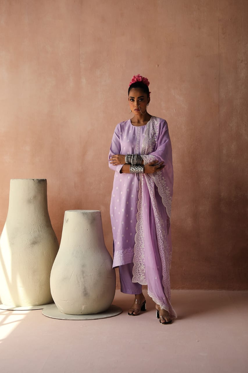 Lavender Straight Fit Cotton Silk Suit Set | HER-236