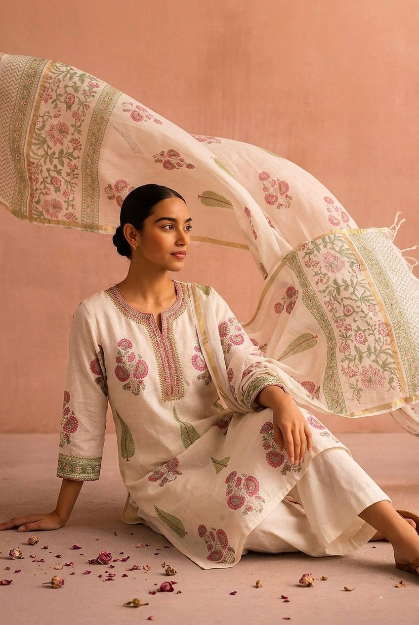 Ivory White Floral Printed Chanderi Suit Set | HER-758