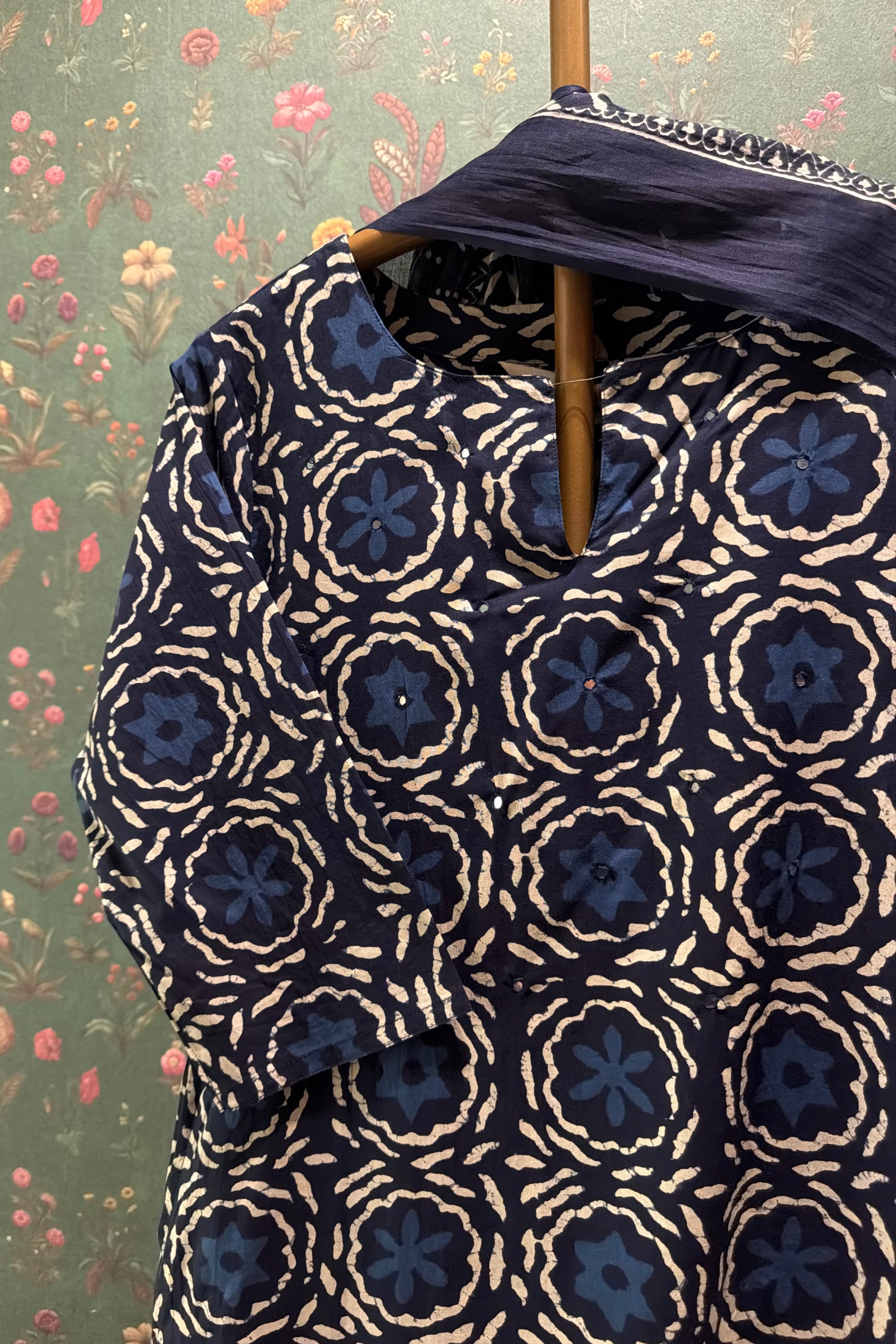 Indigo Blue Medallion Printed Cotton Suit Set | HER-733