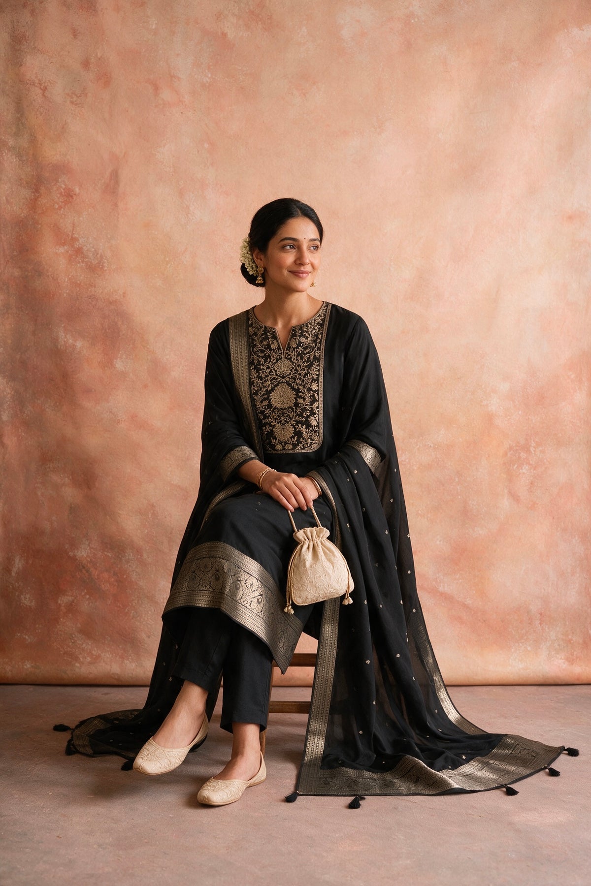 Black Dola Silk Zari Embroidered Suit Set