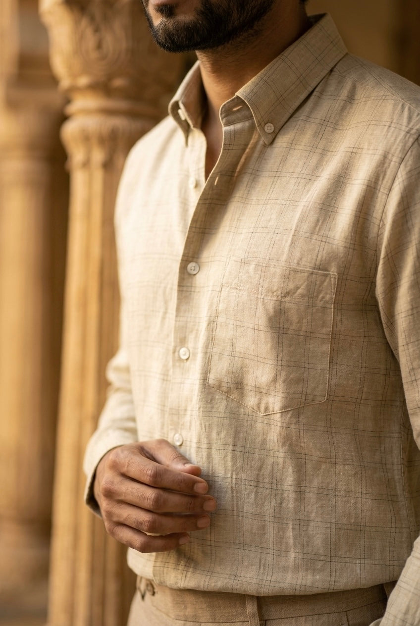 Men’s Sand Beige Windowpane Check Pure Linen Full Sleeves Shirt
