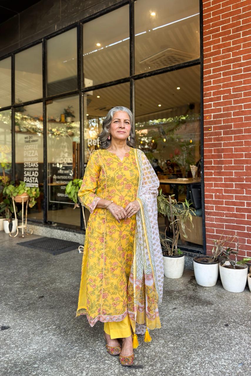 Yellow Floral Printed Suit Set, with Kota Doria Dupatta | HER-756