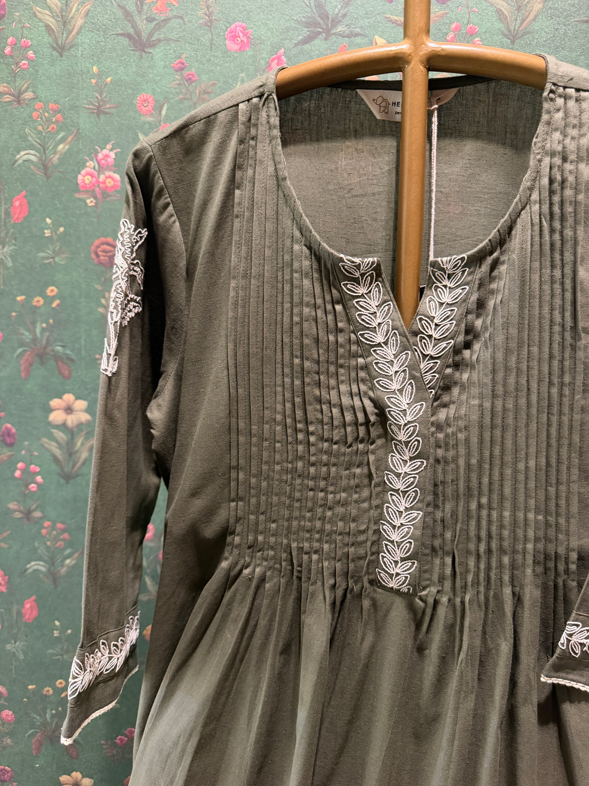 Olive Green Pleated Embroidered Kurta Set