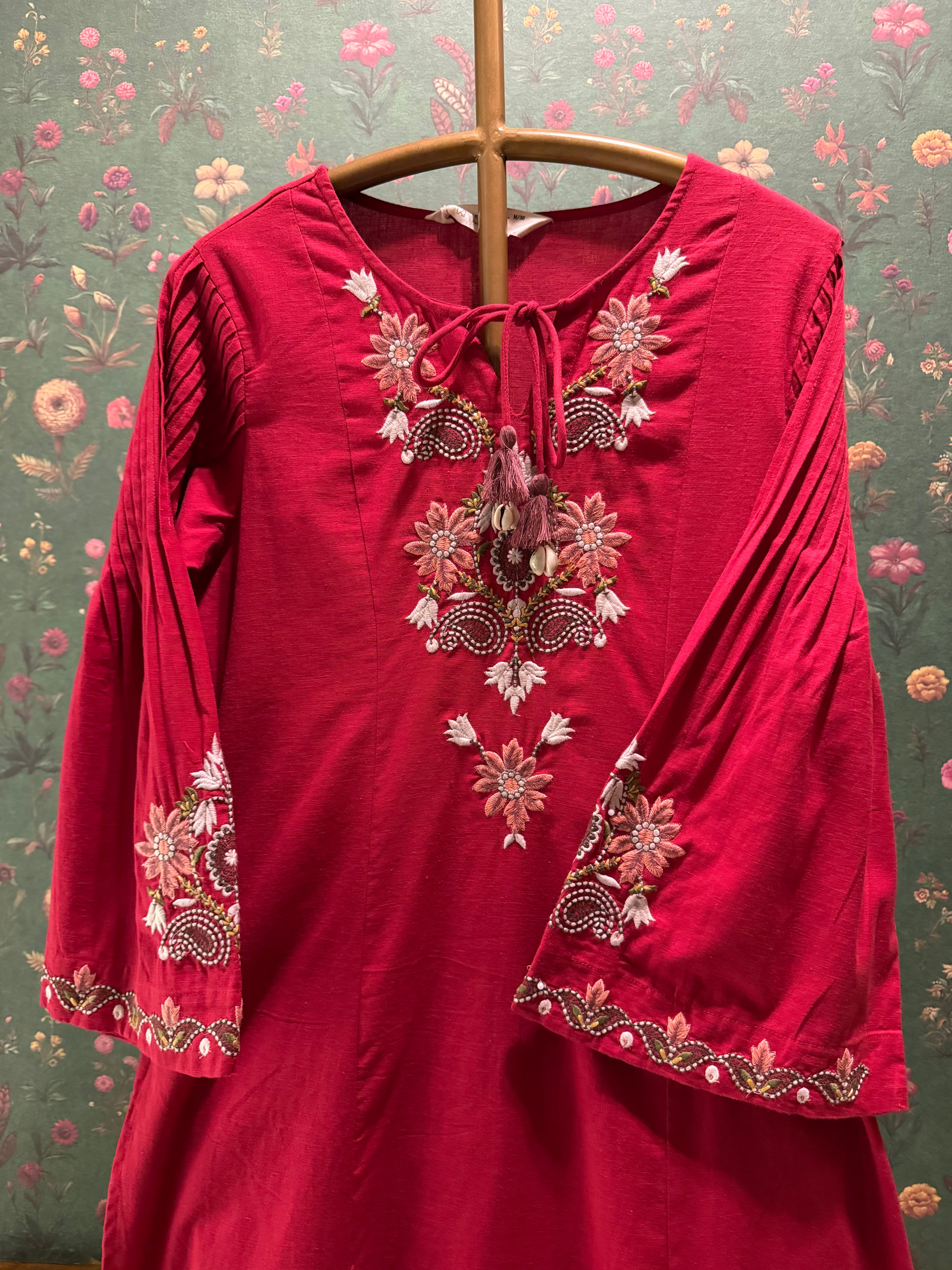 Raspberry Red Embroidered A-Line Kurta Set | HER-723