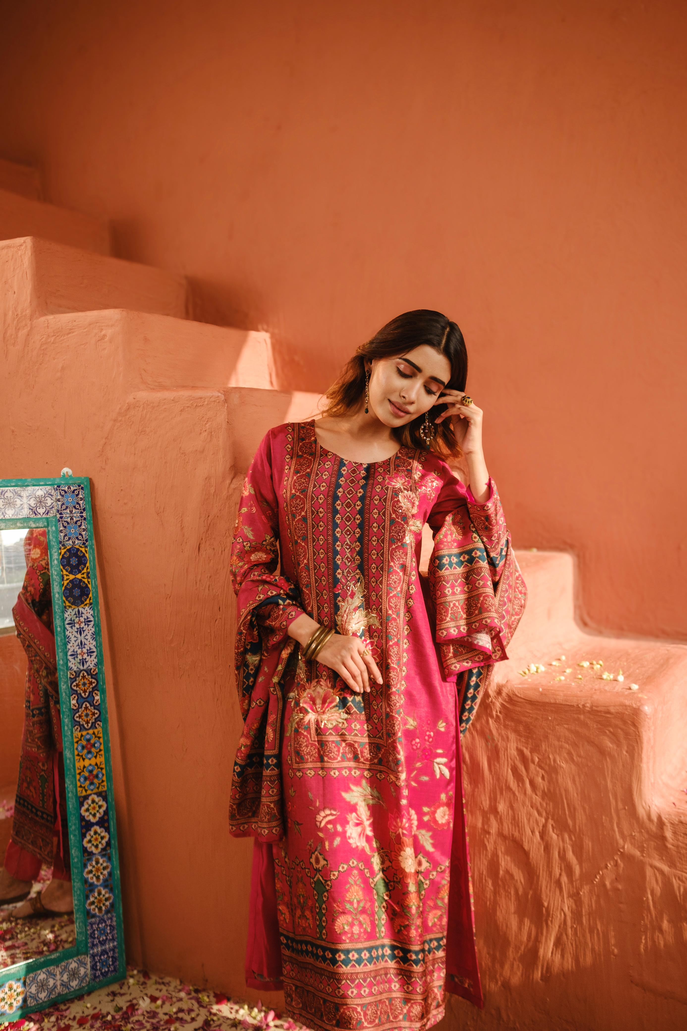 Deep Rose Pink Dola Jacquard Suit Set with Dabka work | HER-485