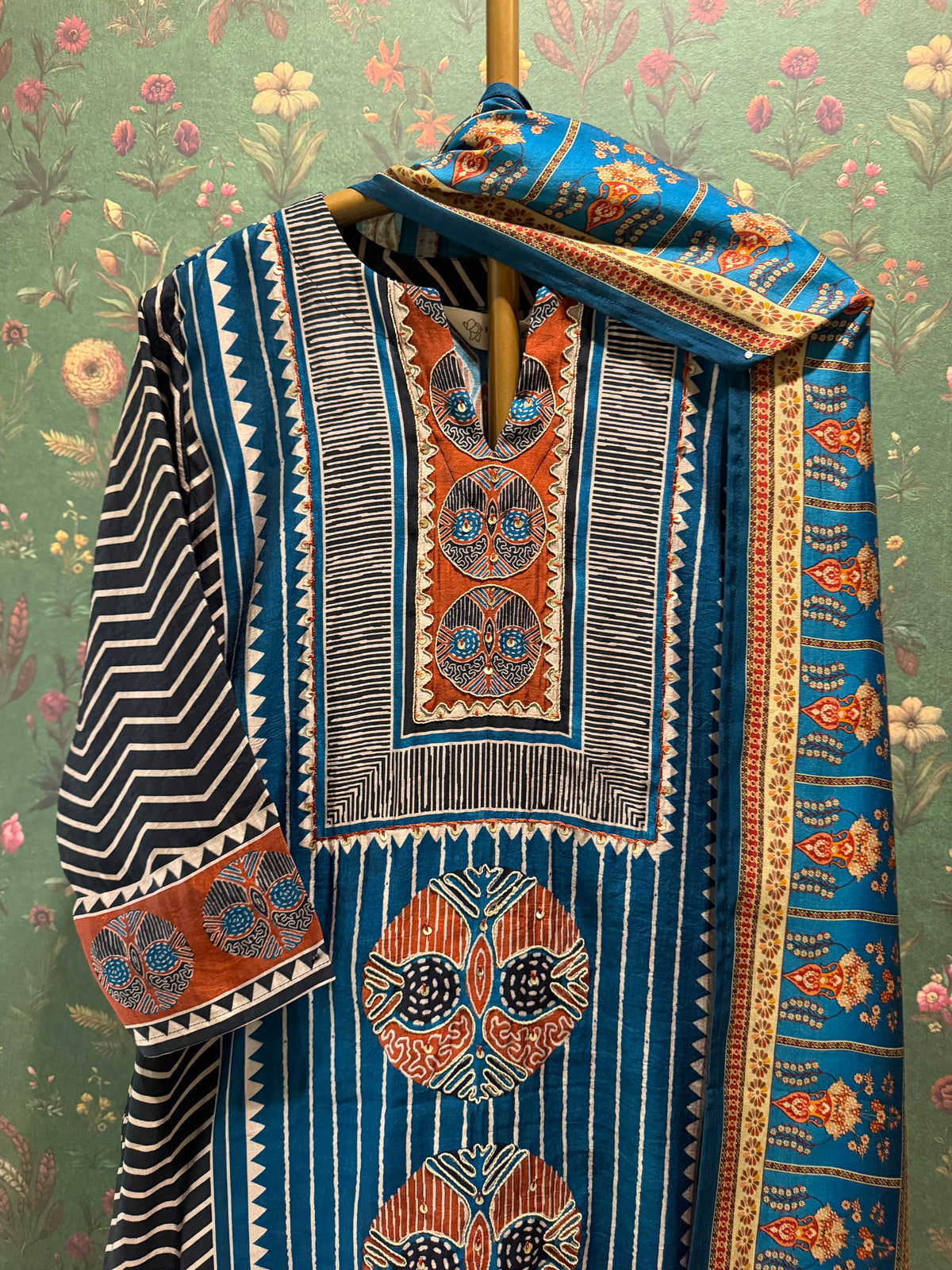 Indigo Motif Printed Muslin Suit Set