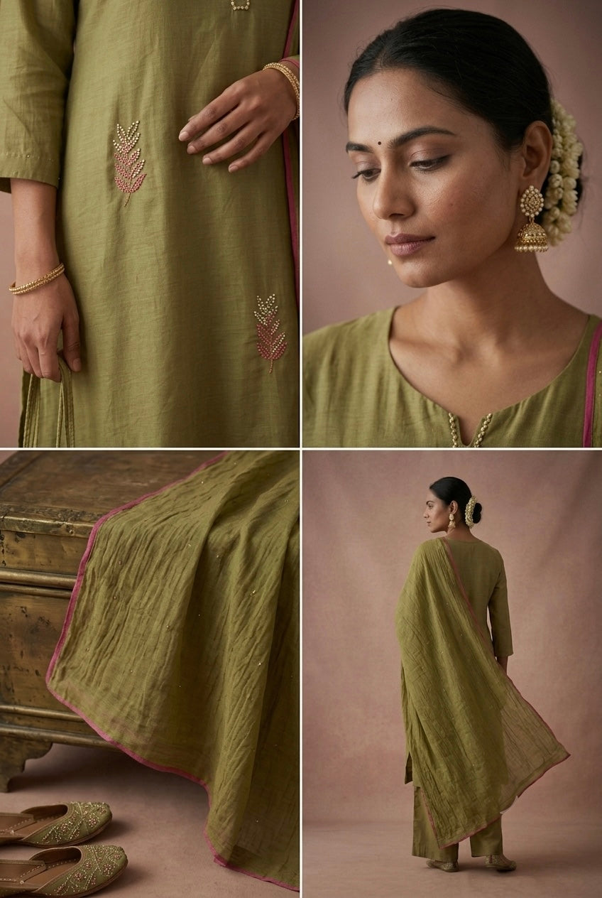 Olive Green Embellished Mul Chanderi A-Line Suit Set