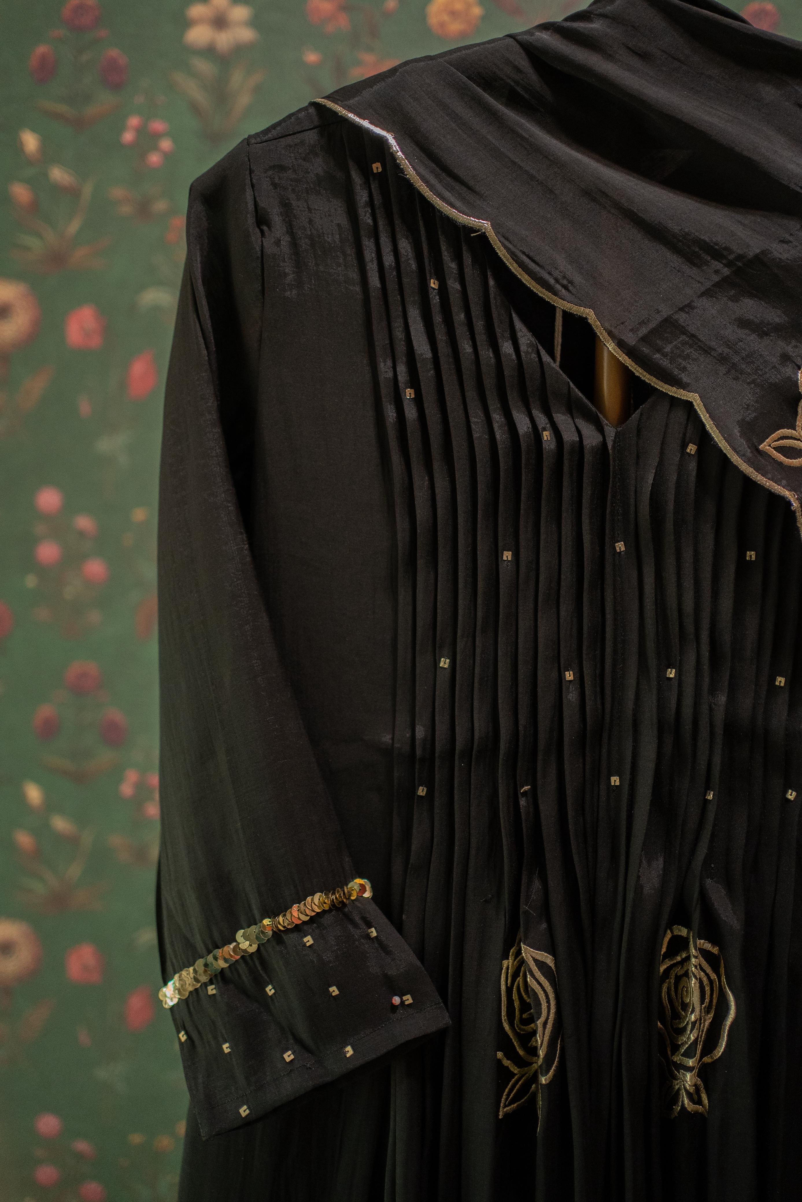 Black Rose Pintuck Palazzo Set with Scallop Dupatta | HER-587