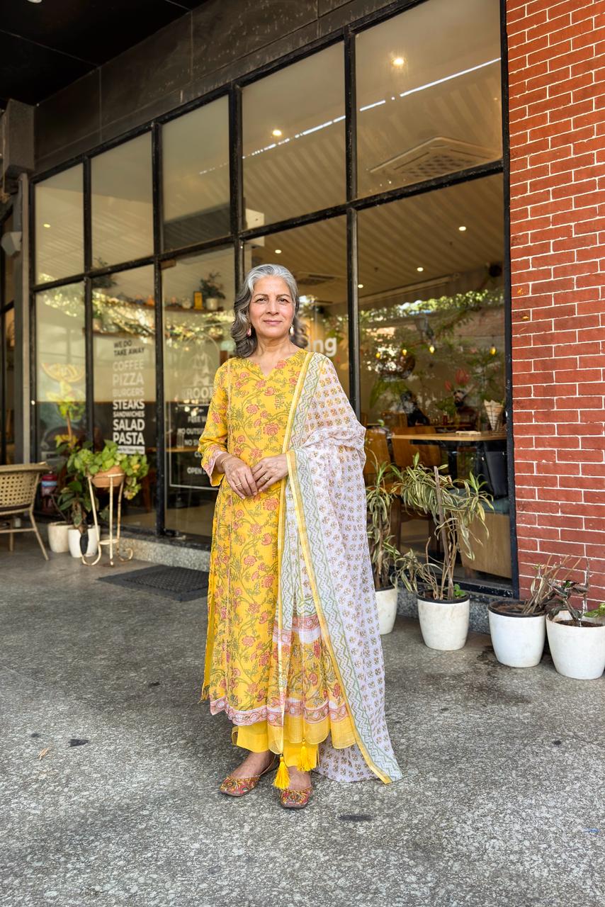 Yellow Floral Printed Suit Set, with Kota Doria Dupatta | HER-756