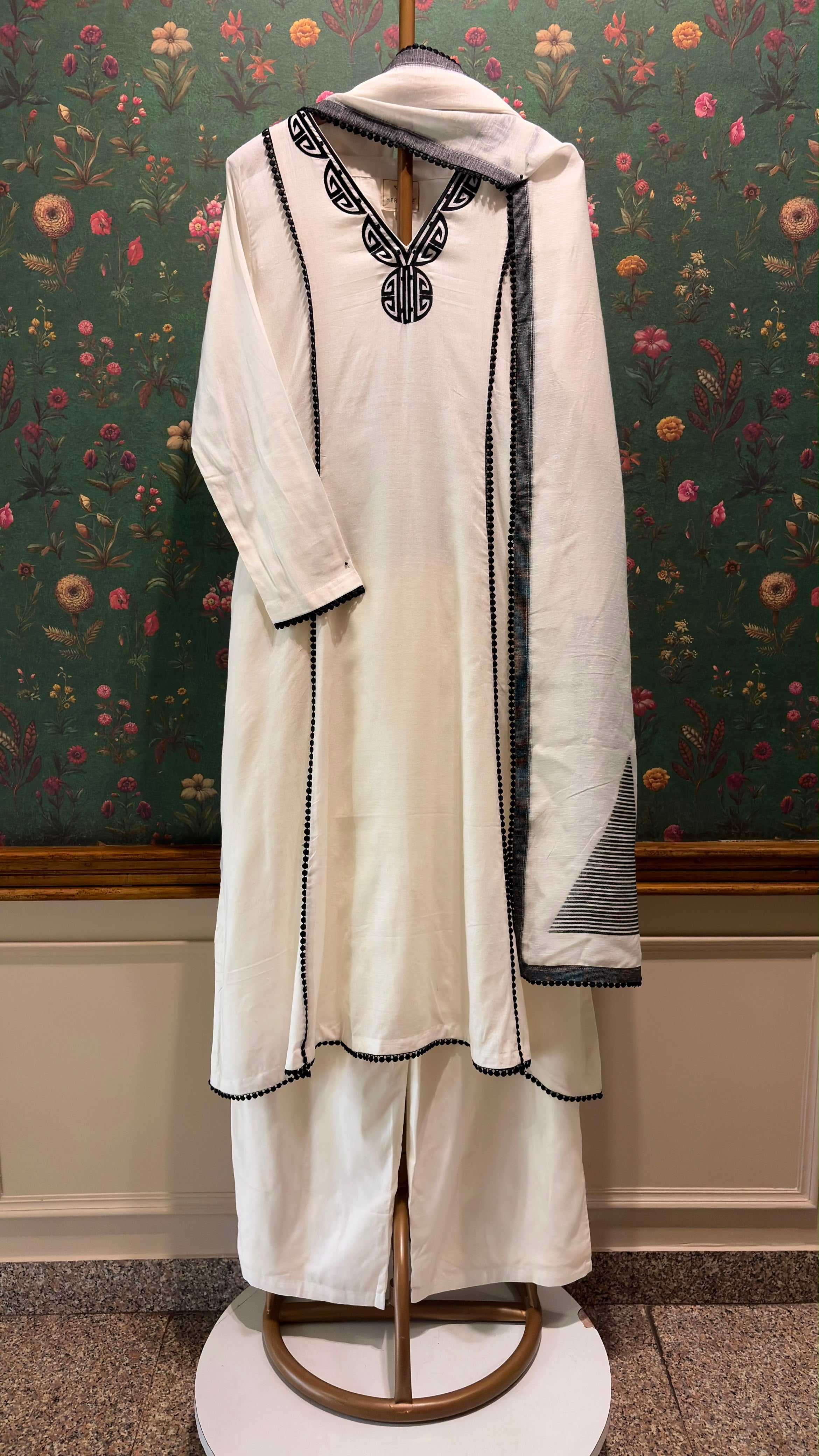Ivory & Black Pure Linen A-line Suit Set | HER-823