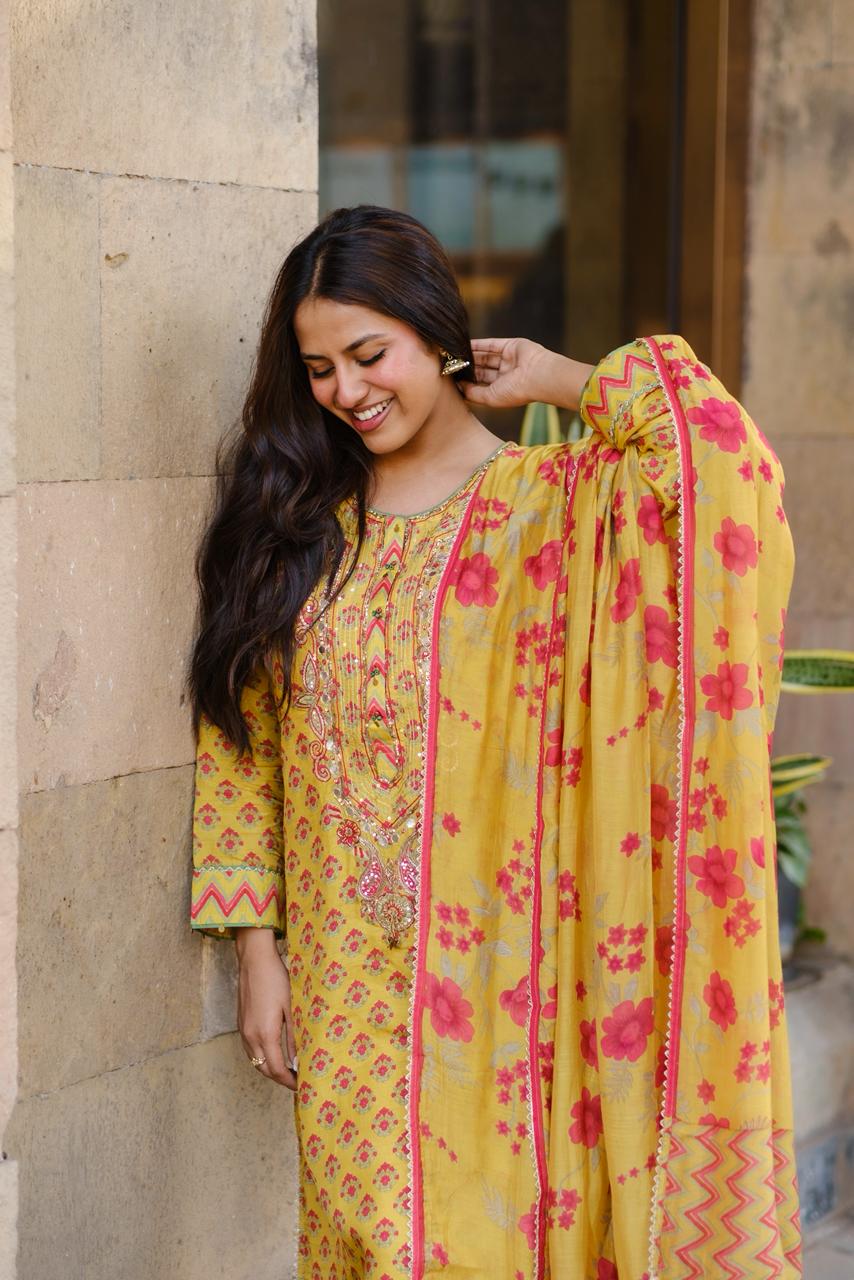 Sunshine Yellow Floral Chanderi Silk Suit Set | HER-636