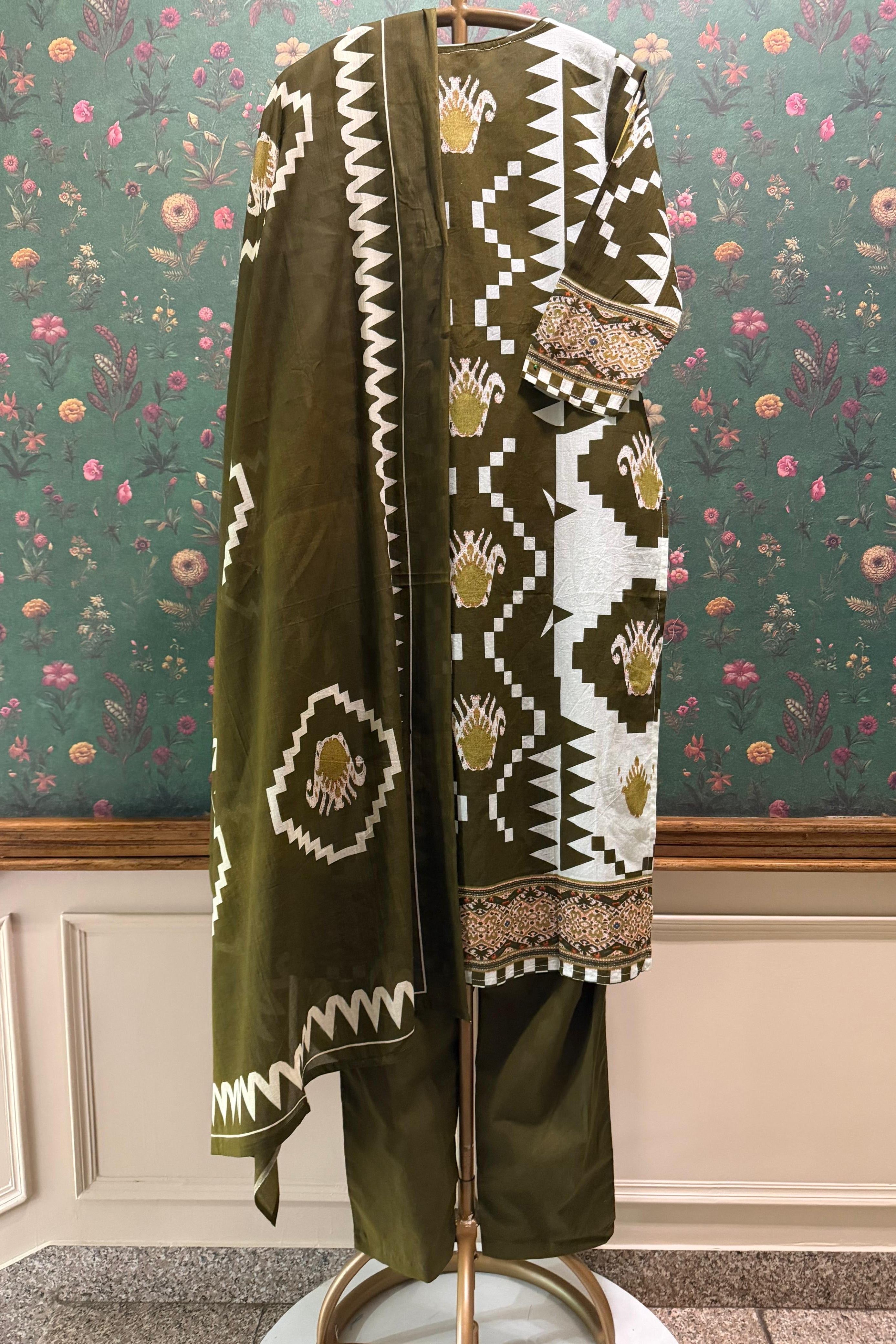Kanak Ikat Olive Green Handcrafted Suit Set | HER-748